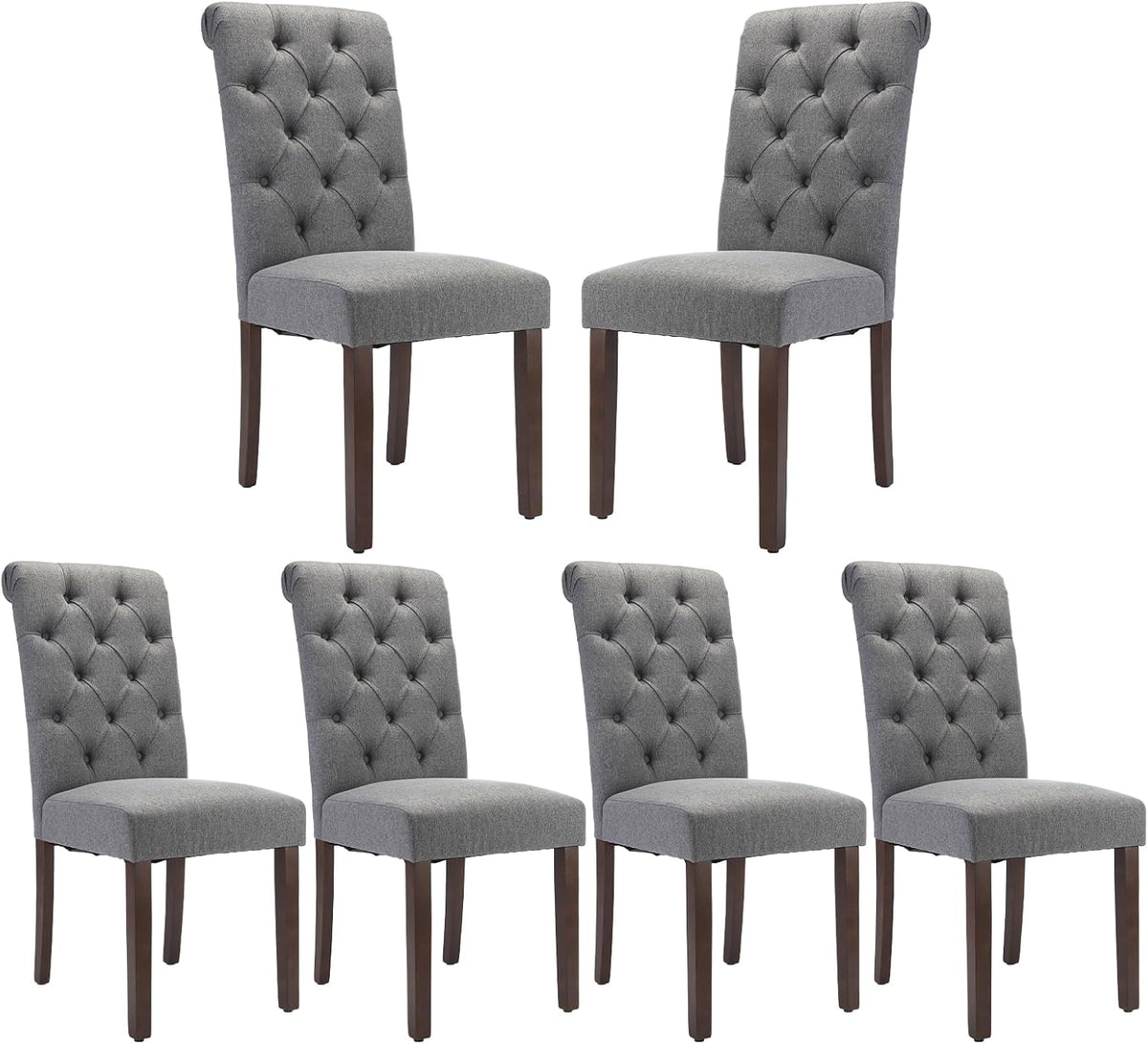 Composite image showing six gray tufted dining chairs arranged in two rows on white.