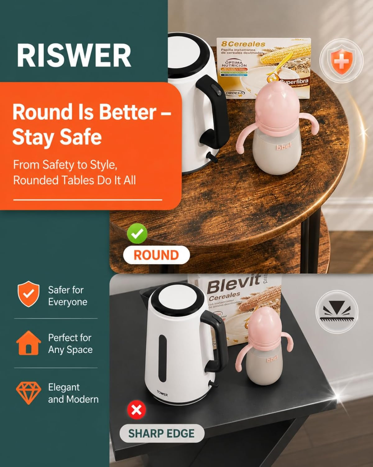 Close-up of round table top showing smooth curved edges with icons highlighting safety and modern style