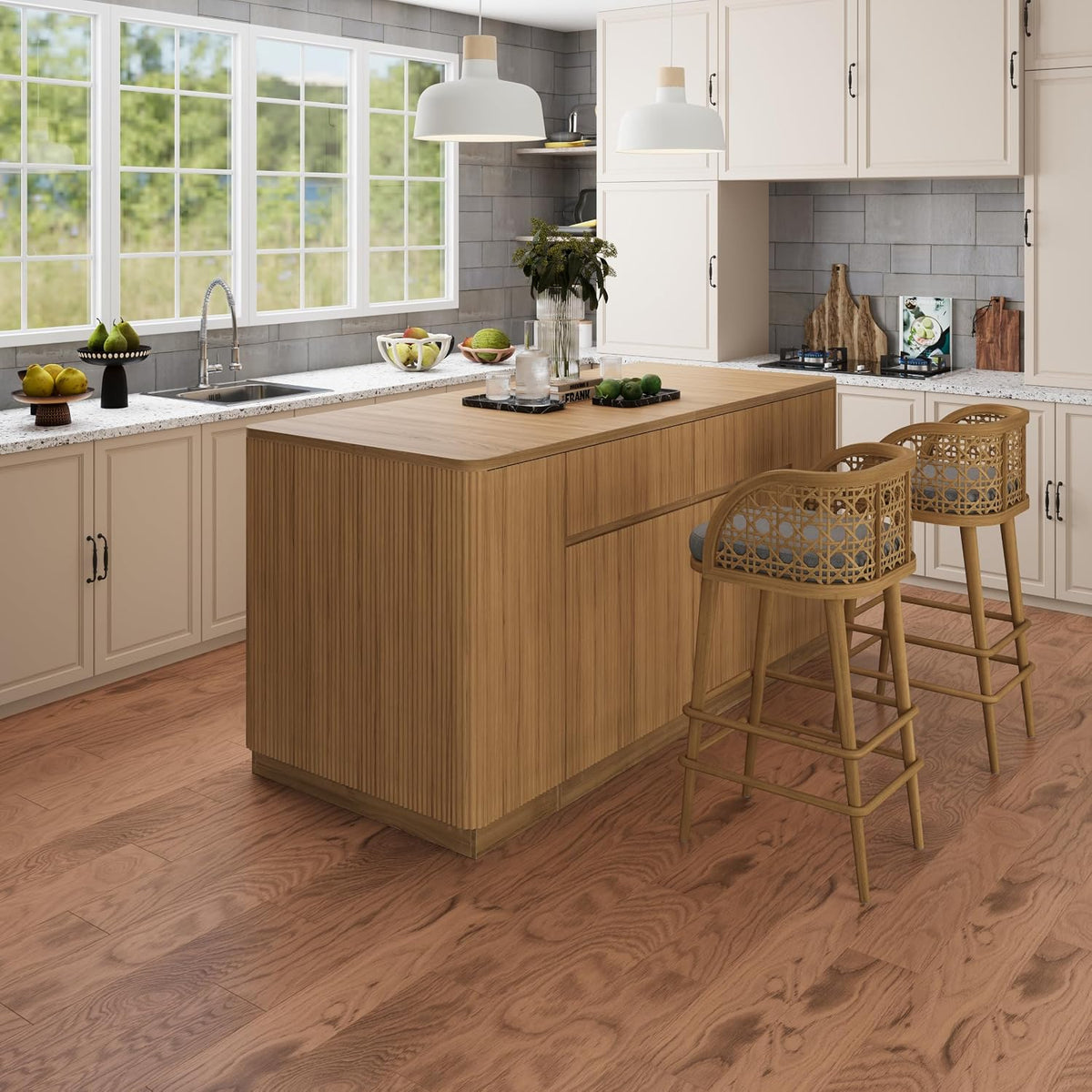 Low-angle kitchen view showing wood-grain island's fluted end panel, rounded countertop edge, and two woven bar stools.