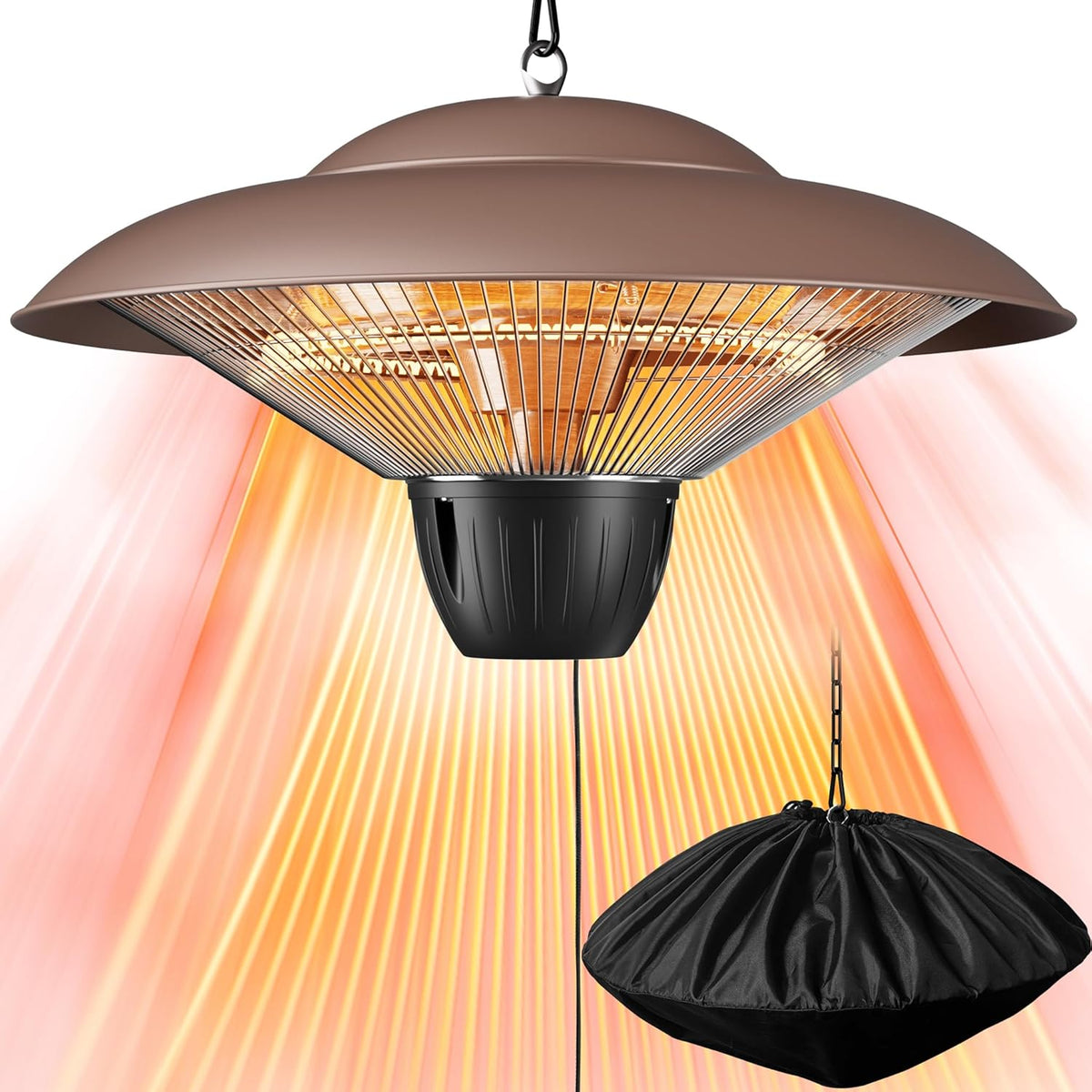 Close-up studio image of the brown hanging infrared heater showing glowing elements and a black protective cover beside it