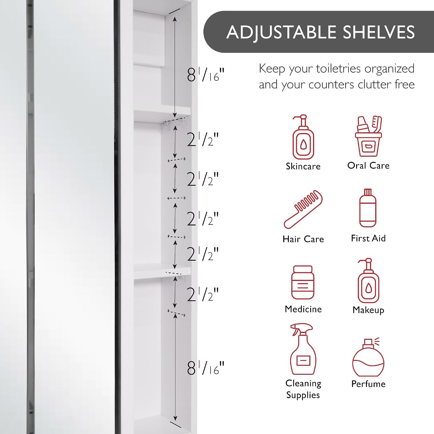 Open side view of the cabinet interior showing adjustable shelf positions and internal shelf spacing