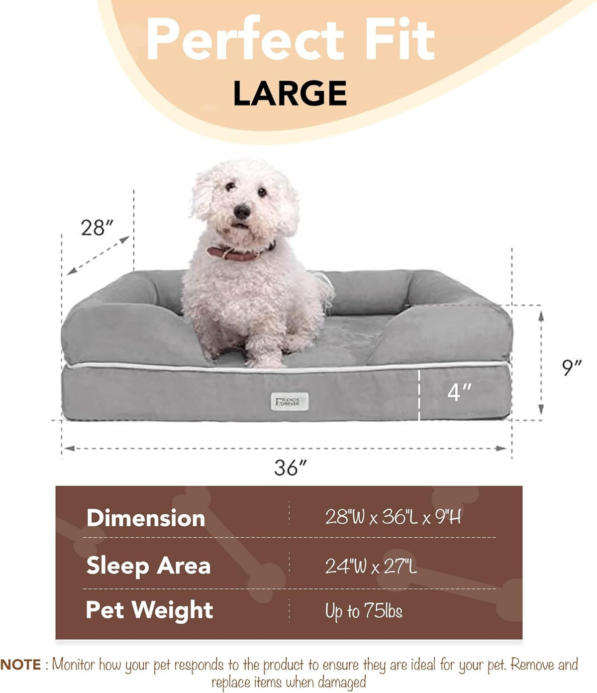 Dimension diagram of large bed showing 36" length, 28" depth and 9" height with small white dog sitting on top