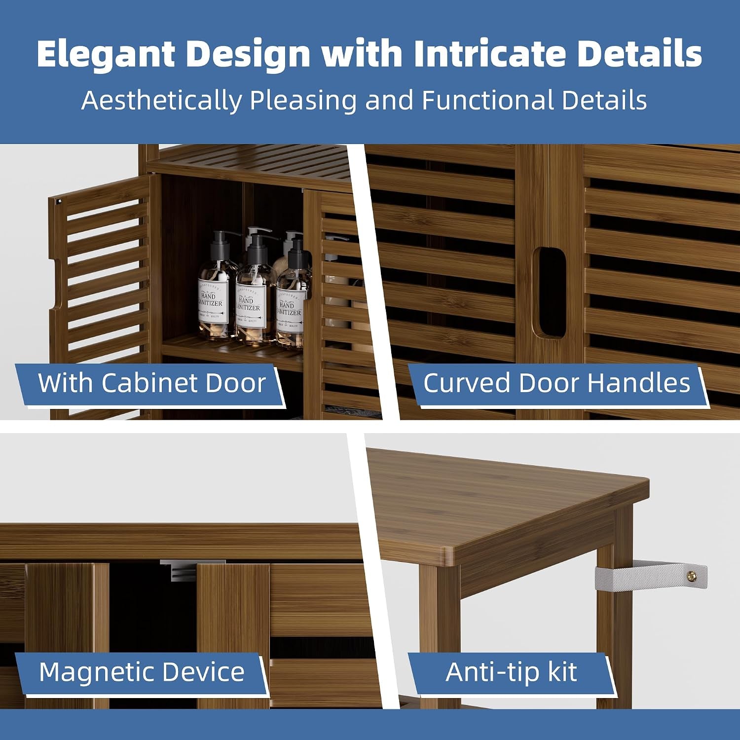 Tall bamboo storage cabinet shown with books and a handbag on the open shelf and slatted doors below