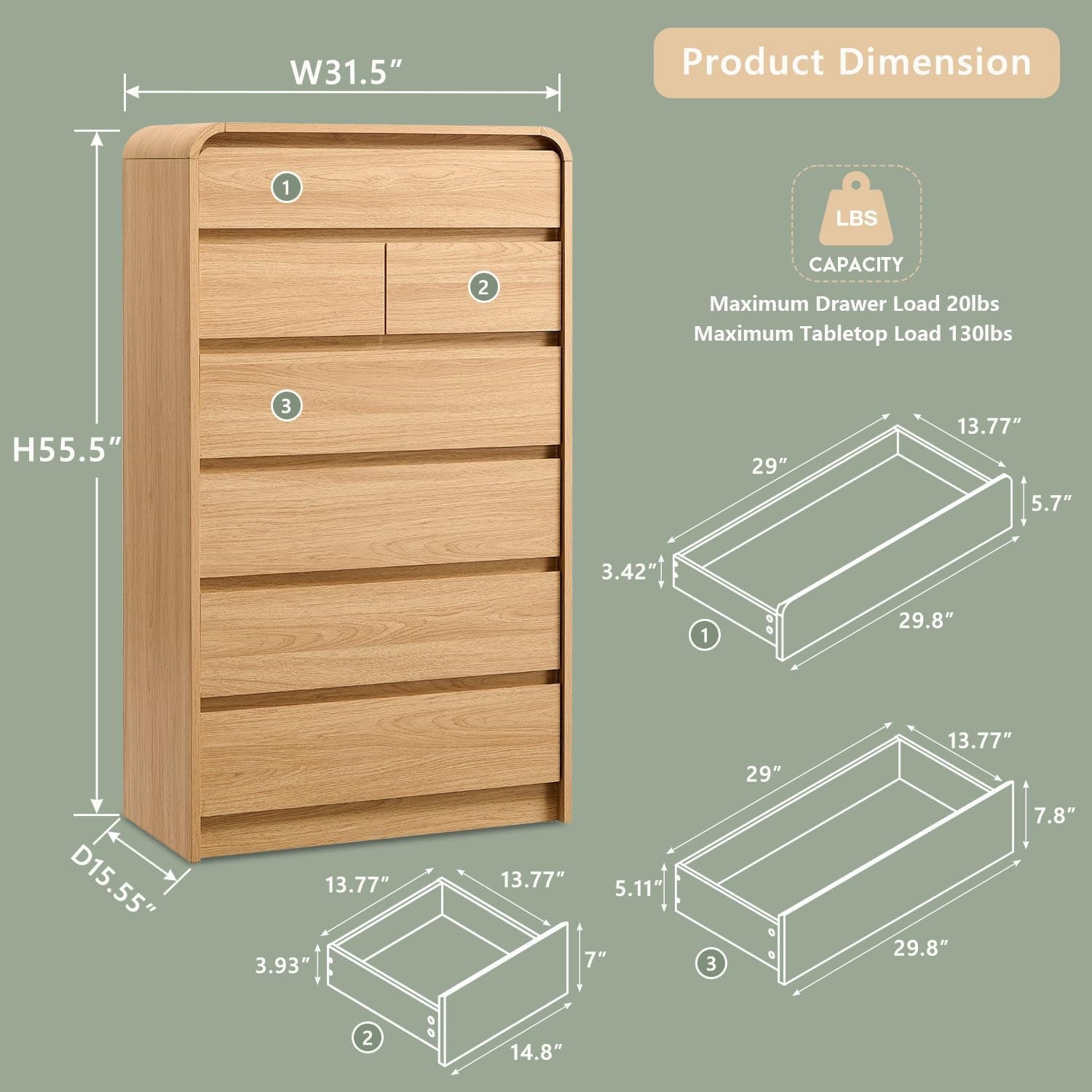 Natural oak 7-drawer dresser with dimension and drawer-size diagram on green background