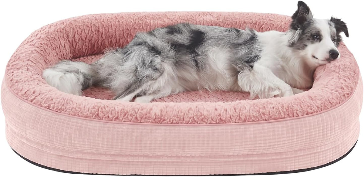 Oval pink plush dog bed with raised bolster, large dog lying inside with head on padded rim