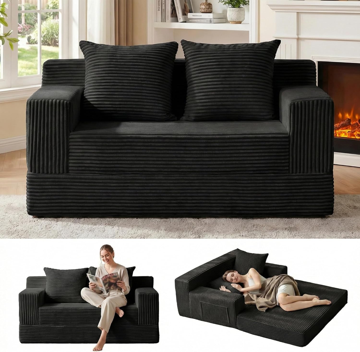 Black corduroy three-seater sofa in a living room with two square pillows; small insets show sitting and converted bed use.