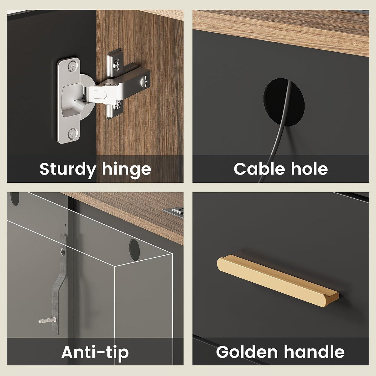 Detail grid showing a sturdy hinge, cable hole, anti-tip strap and a gold-tone drawer handle close-up