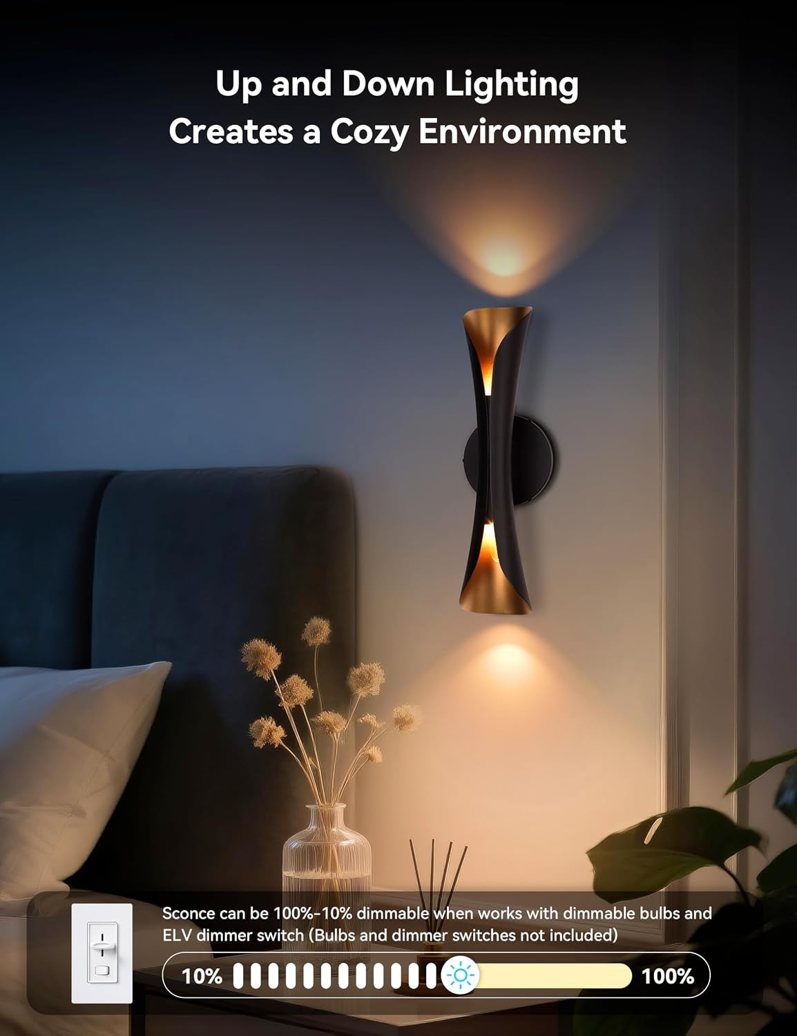 Black-and-gold sconce mounted beside a bed showing upward and downward light beams and a cozy bedroom ambiance.