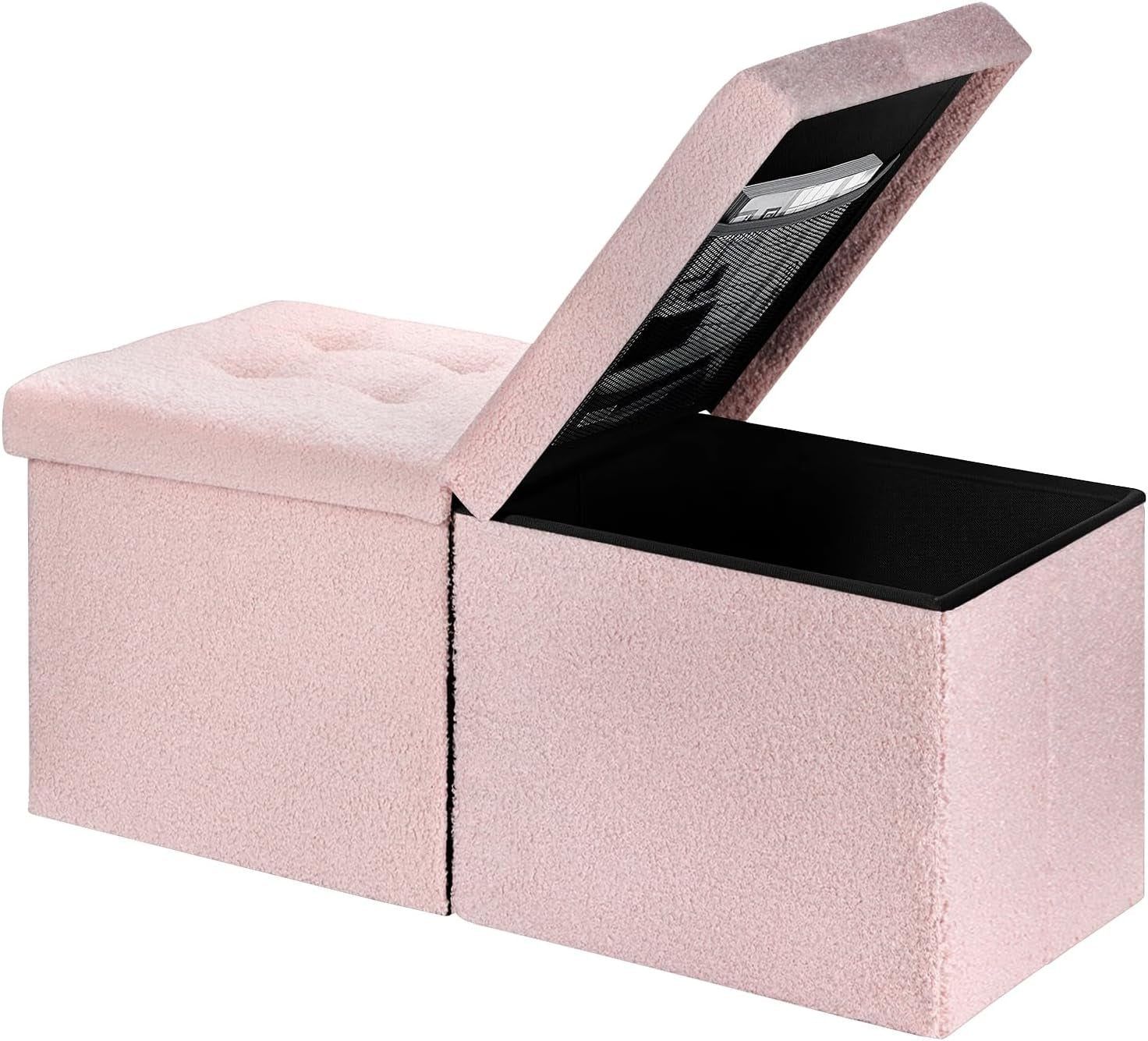Soft pink plush two-piece storage ottoman with one lid open and black interior