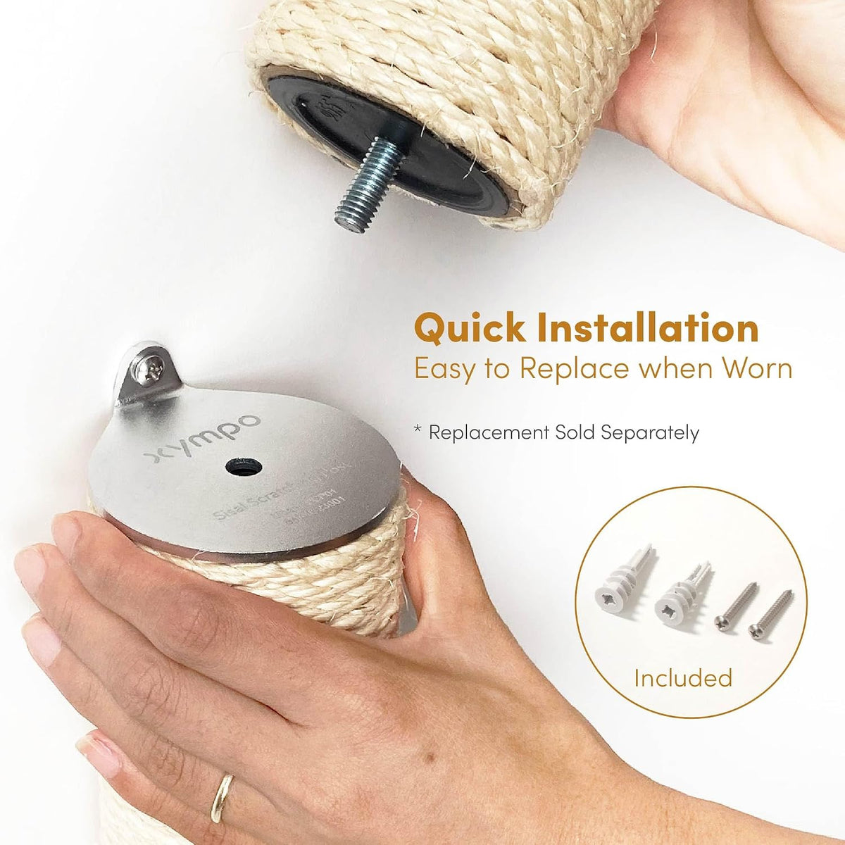 Hands holding the sisal post showing a threaded mounting bolt and a metal wall bracket with screws nearby.