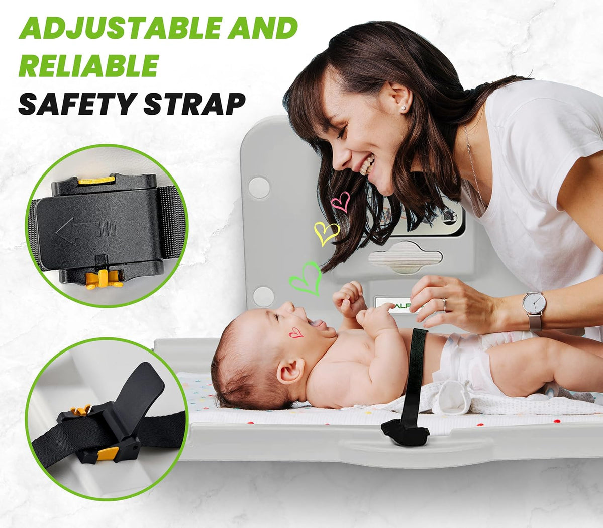 Close view of a parent leaning over a baby on the open changing station with inset closeups of the black buckle and strap.