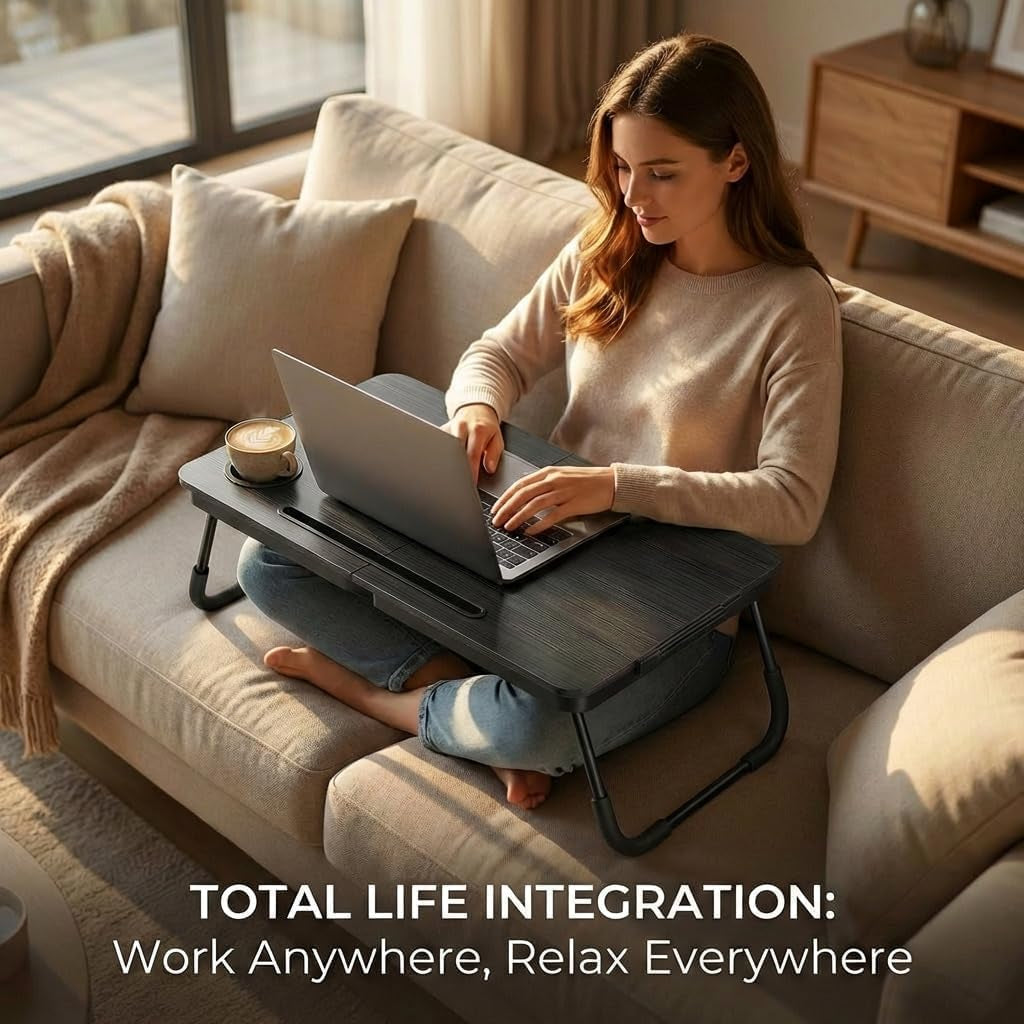 Person sitting cross-legged on a sofa using the black lap desk with laptop and a cup in the holder