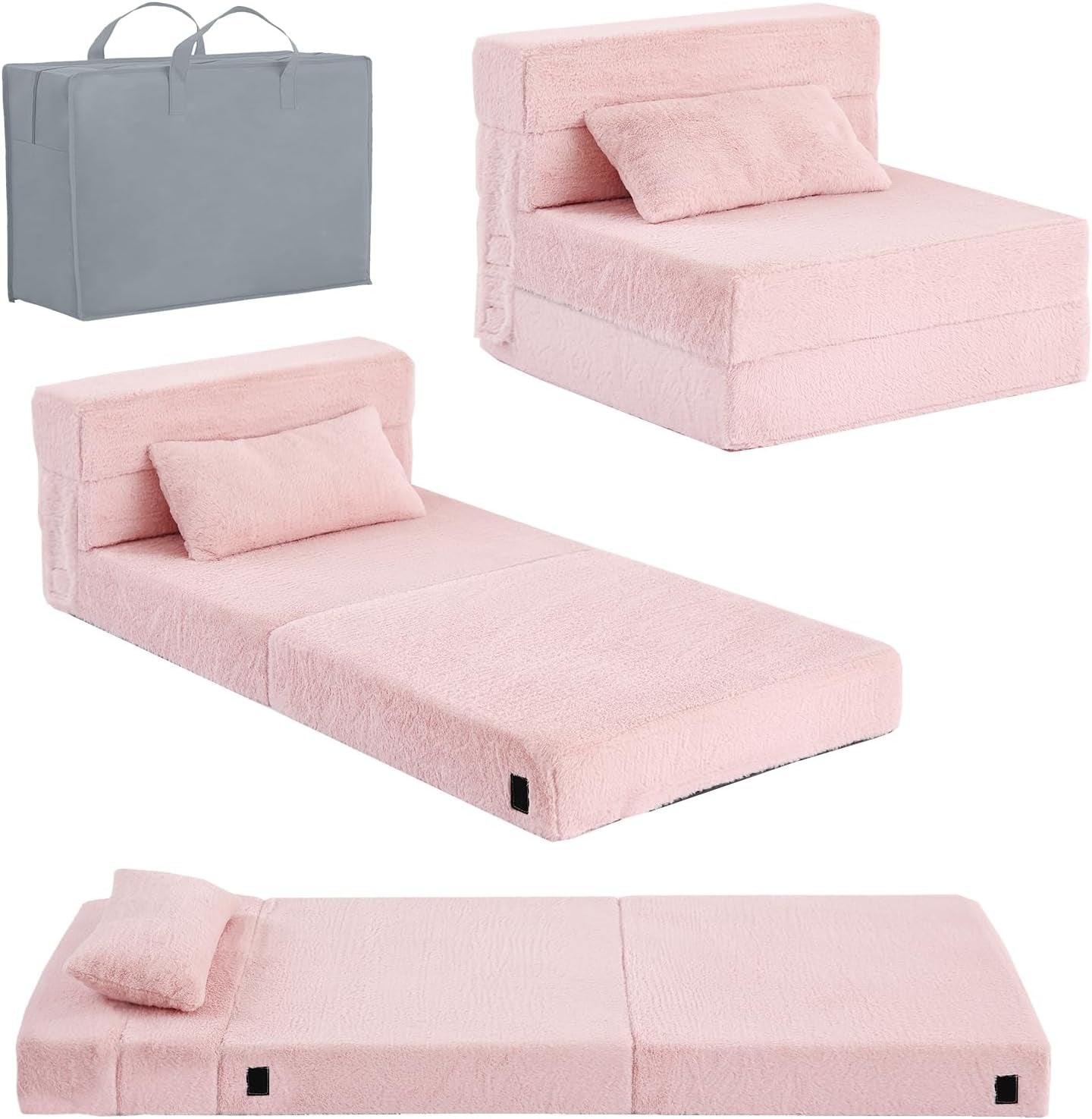 Pink folding floor mattress shown folded into a seat, unfolded into a bed, with matching pillow and gray carry bag.