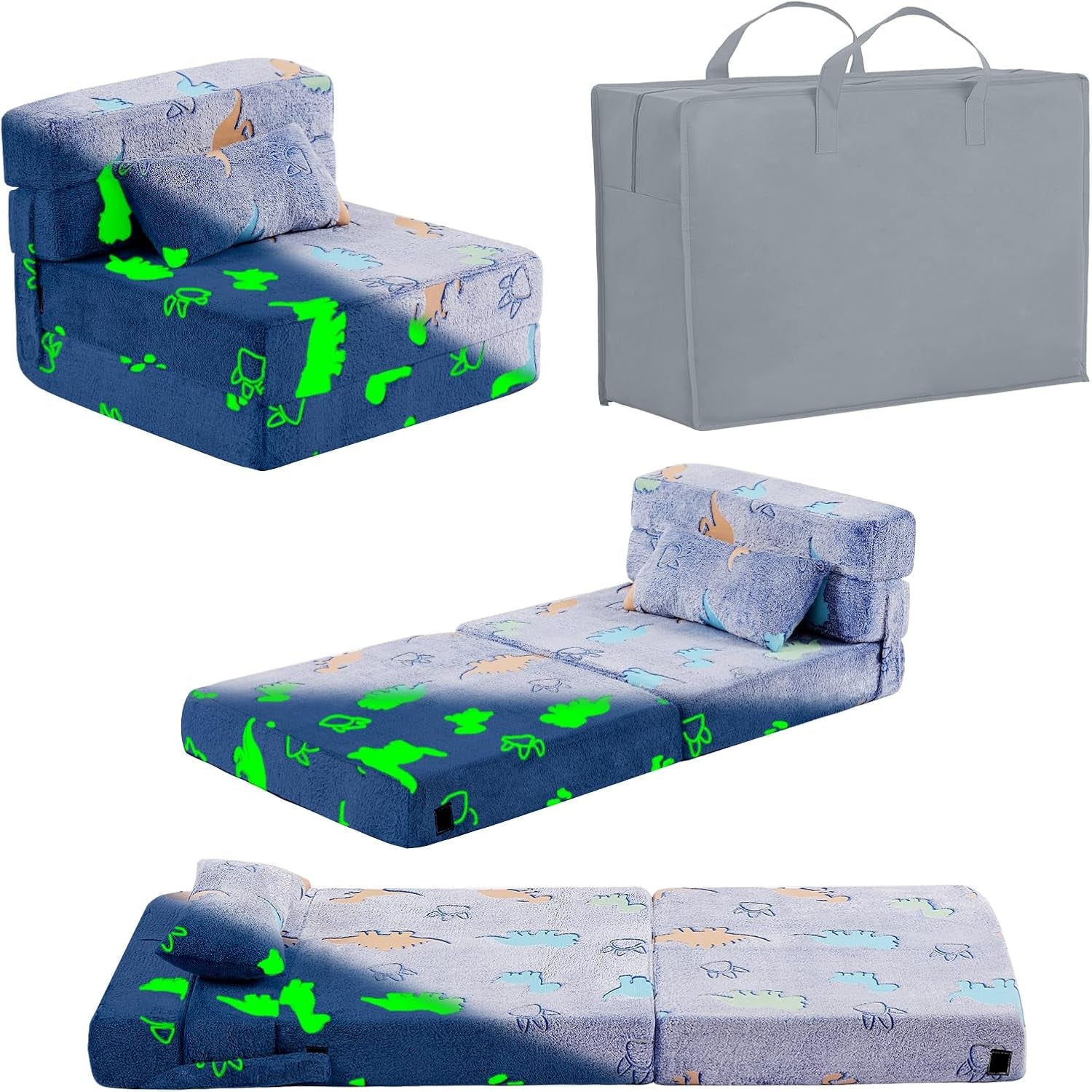 Collage of a blue kids folding foam sofa shown folded, flattened, and with a gray carry/storage bag