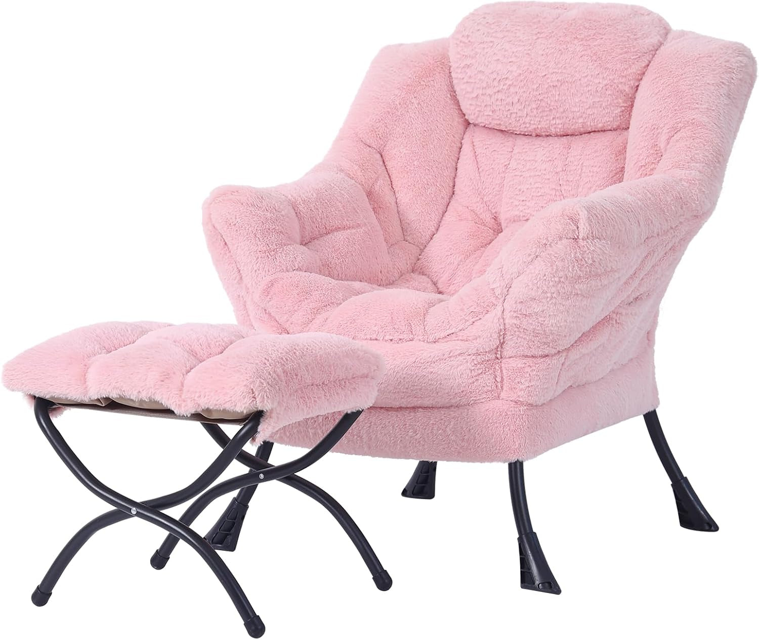 Pink plush lounge chair with matching tufted ottoman on black curved metal legs, shown on white background.