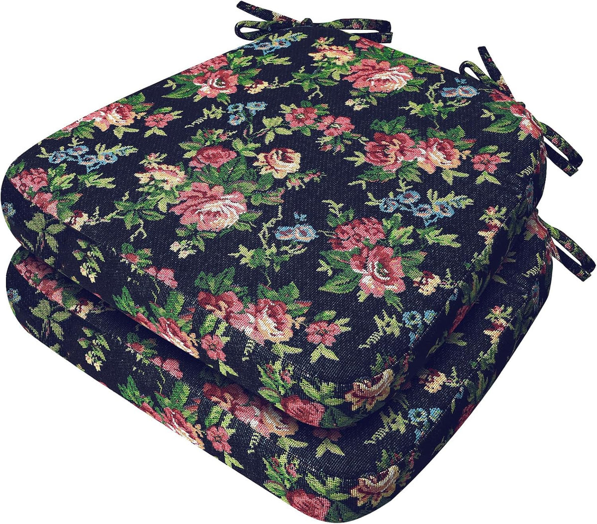 Two stacked cushions in a dark floral tapestry print seen from a slight top angle, ties visible at corners.