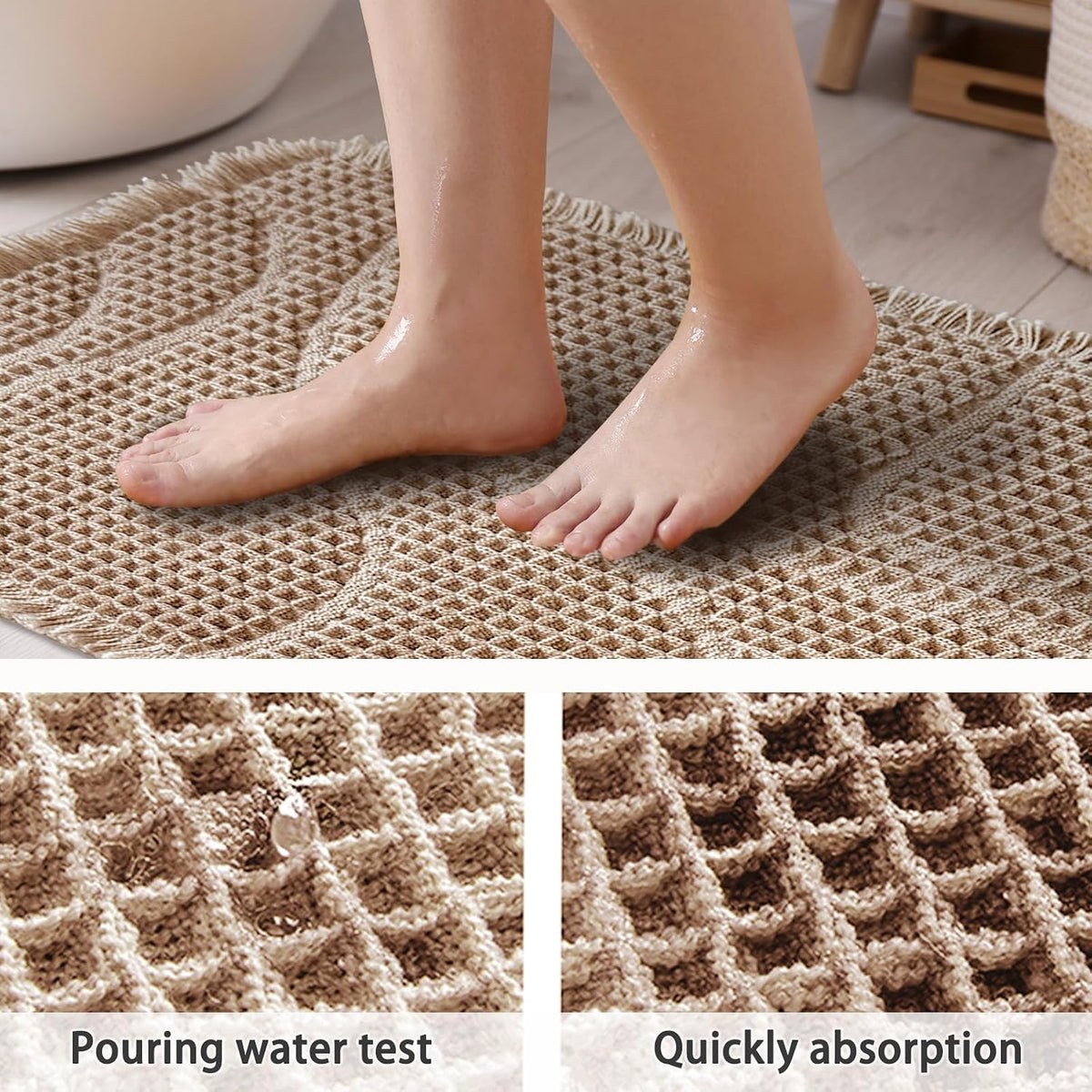 Close-up of wet bare feet on a beige waffle microfiber mat highlighting the absorbent, textured surface