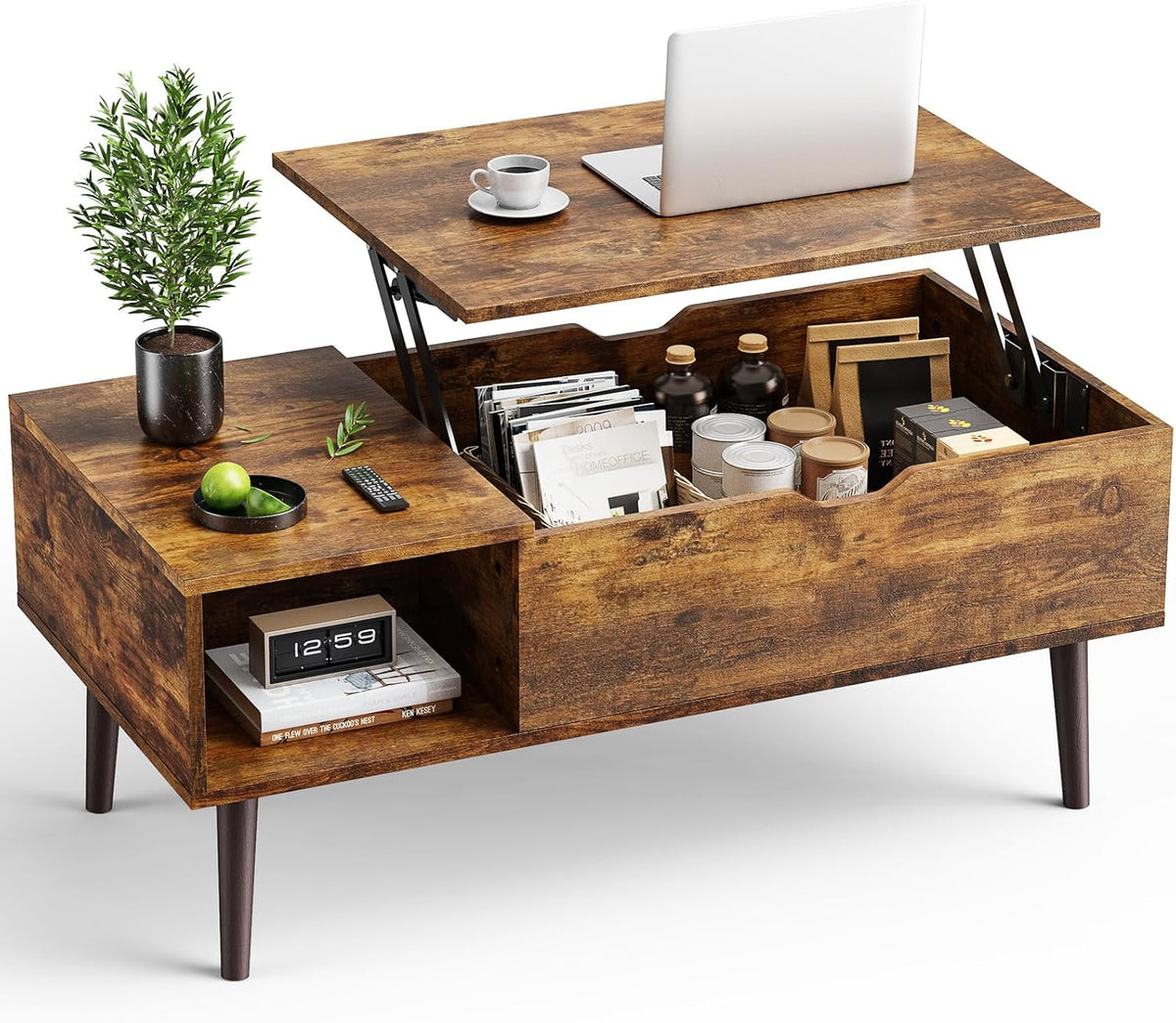 Angled front view of a lift-top coffee table in rustic brown with open top showing storage and a side cubby with plant and