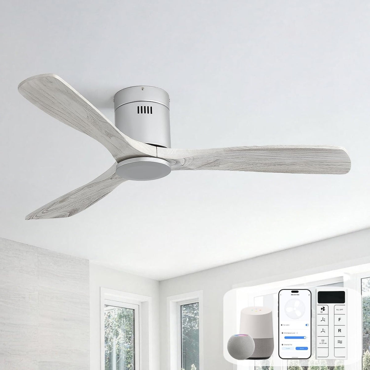 Close-up underside view of a three-blade fan with light-weathered wood blades and a white motor housing.