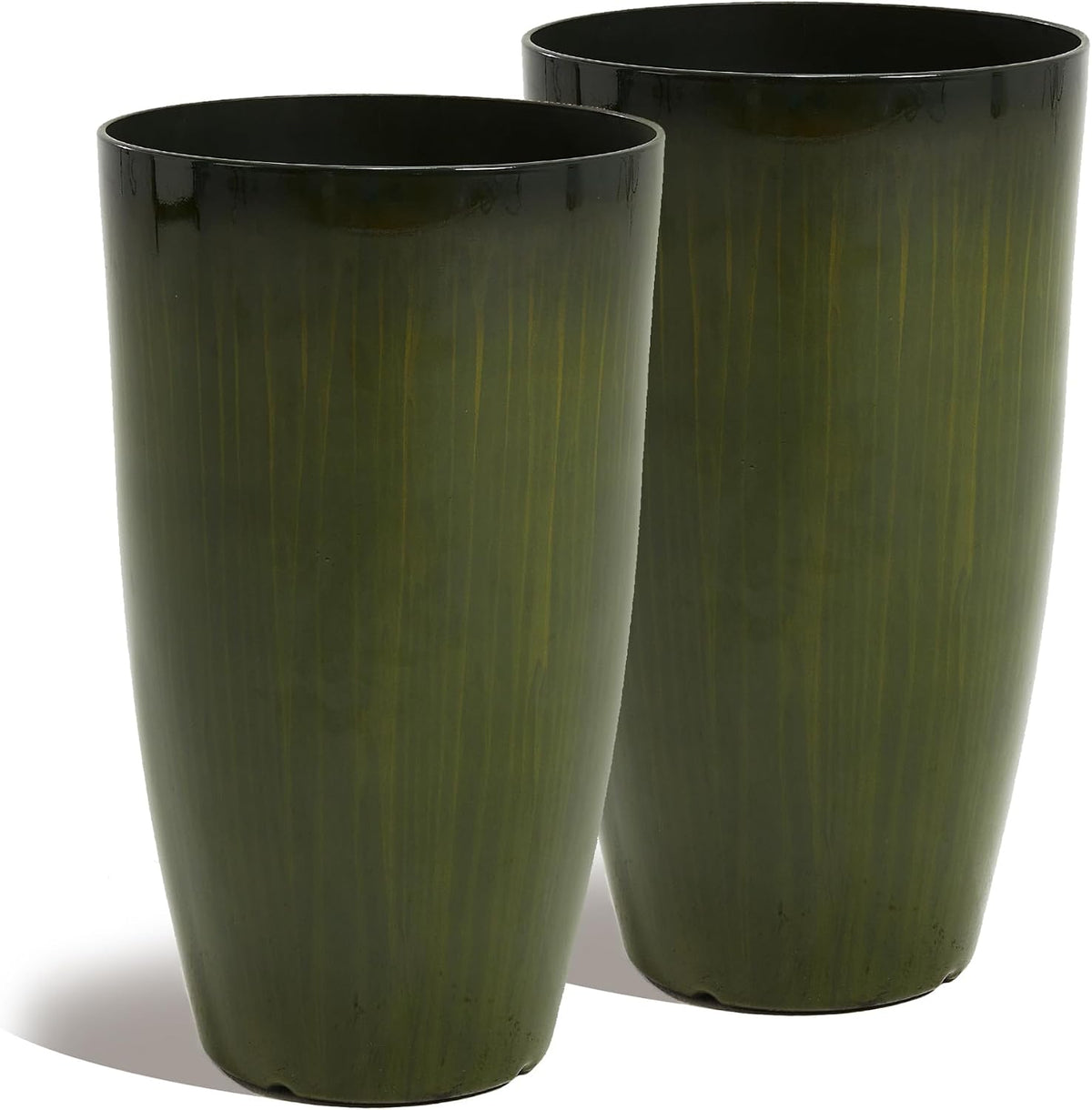 Pair of tall tapered outdoor planters in an olive green finish photographed on a white background.