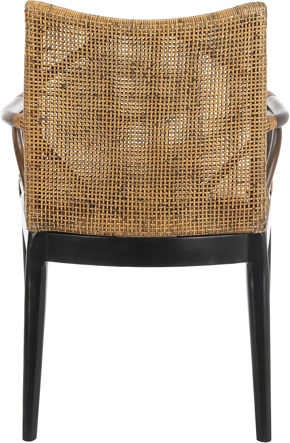 Rear view focused on square woven rattan back and black tapered rear legs.