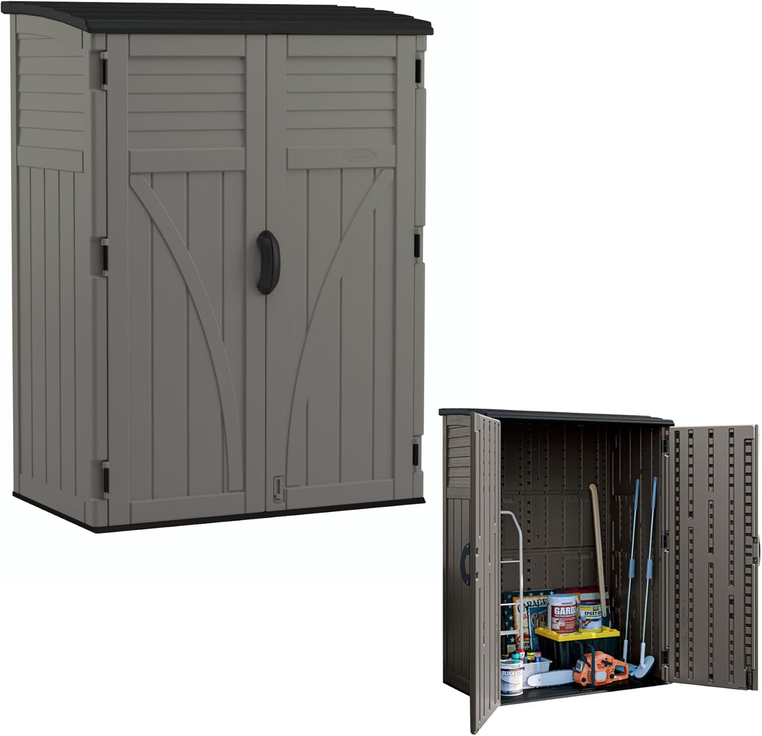Beige outdoor storage cabinet front view closed, with a smaller inset showing the cabinet open and filled with tools and