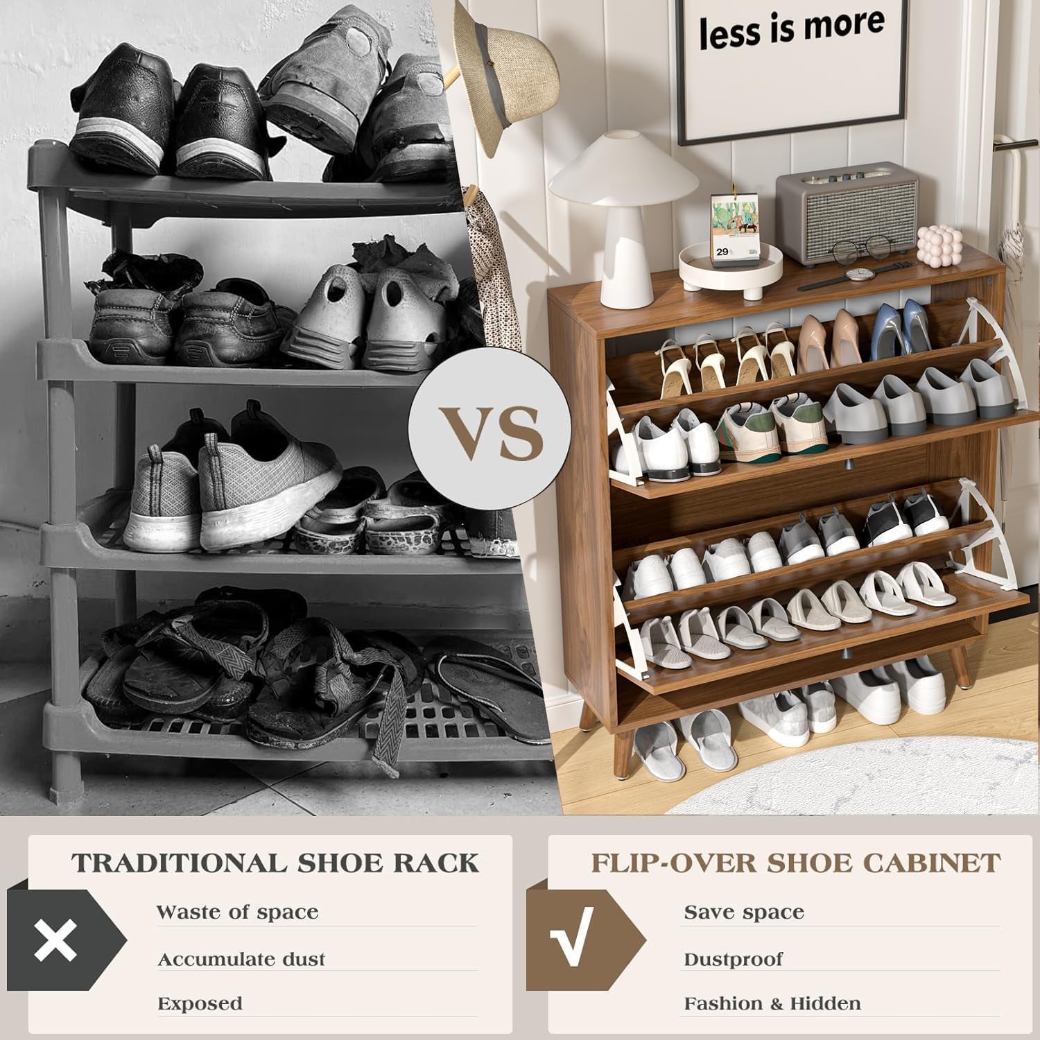 Split comparison: left messy traditional shoe rack in black-and-white, right neat flip-over shoe cabinet holding many pairs