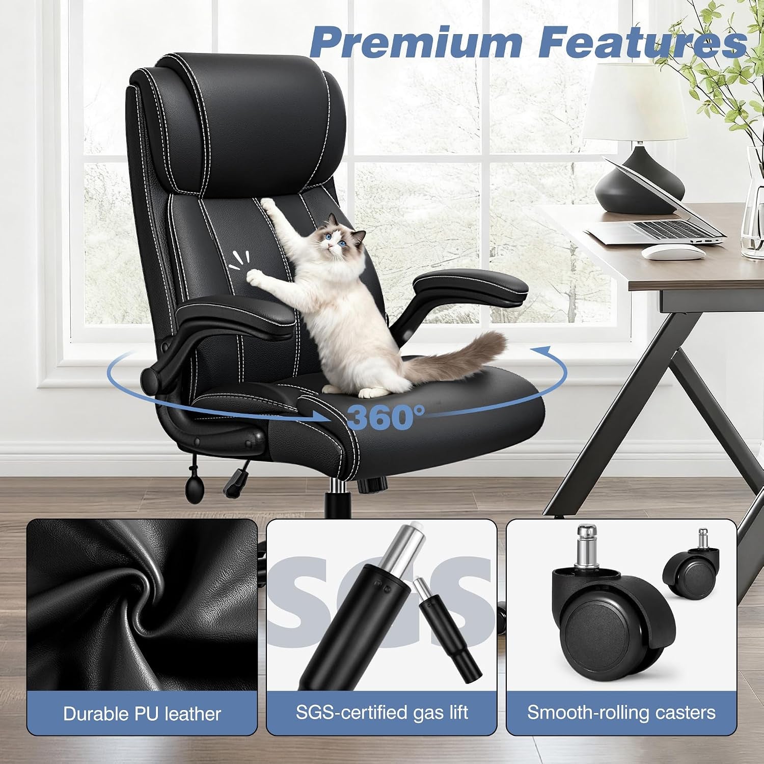 Black chair with a fluffy cat perched on the seat, inset close-ups of upholstery, gas lift and caster components.