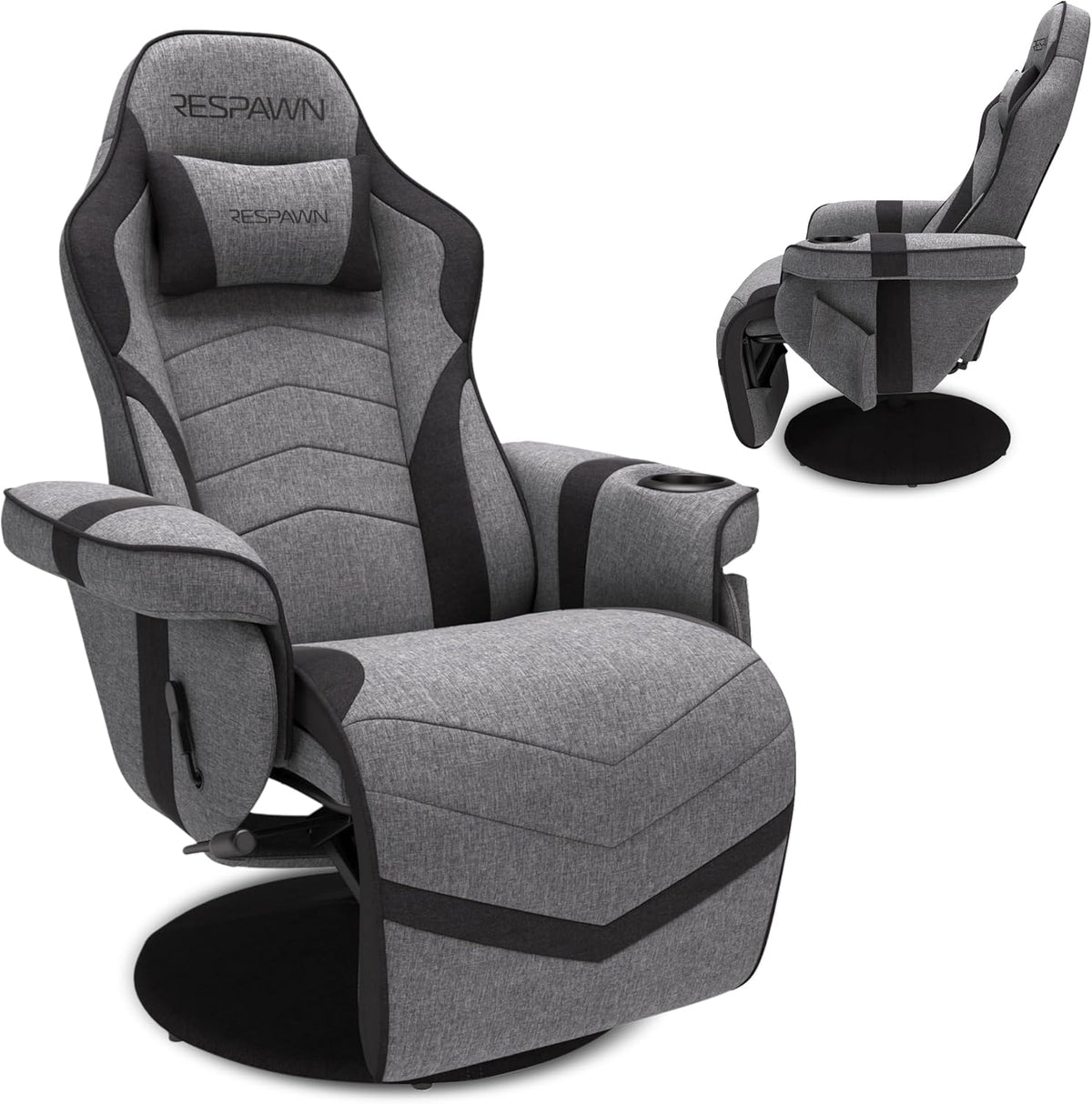 Grey fabric racing-style gaming recliner front three-quarter view with attached footrest and headrest pillow