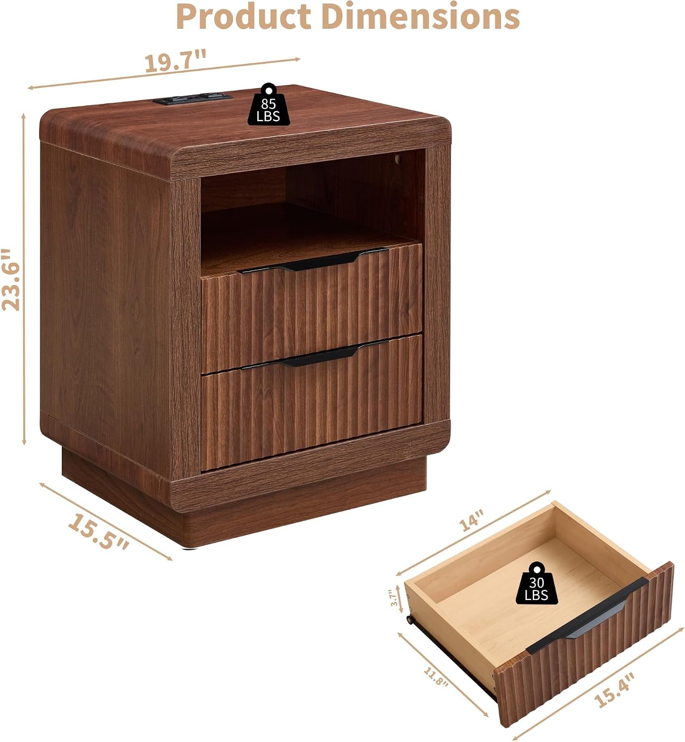 Front view with dimensions callouts showing 15.5" D x 19.7" W x 23.6" H and drawer interior dimensions