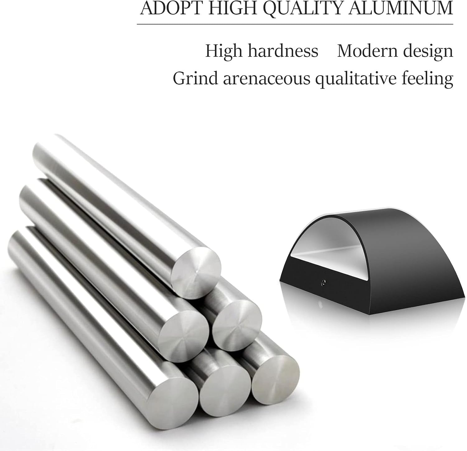 Stack of polished metal rods beside a black curved lamp housing on a white background.