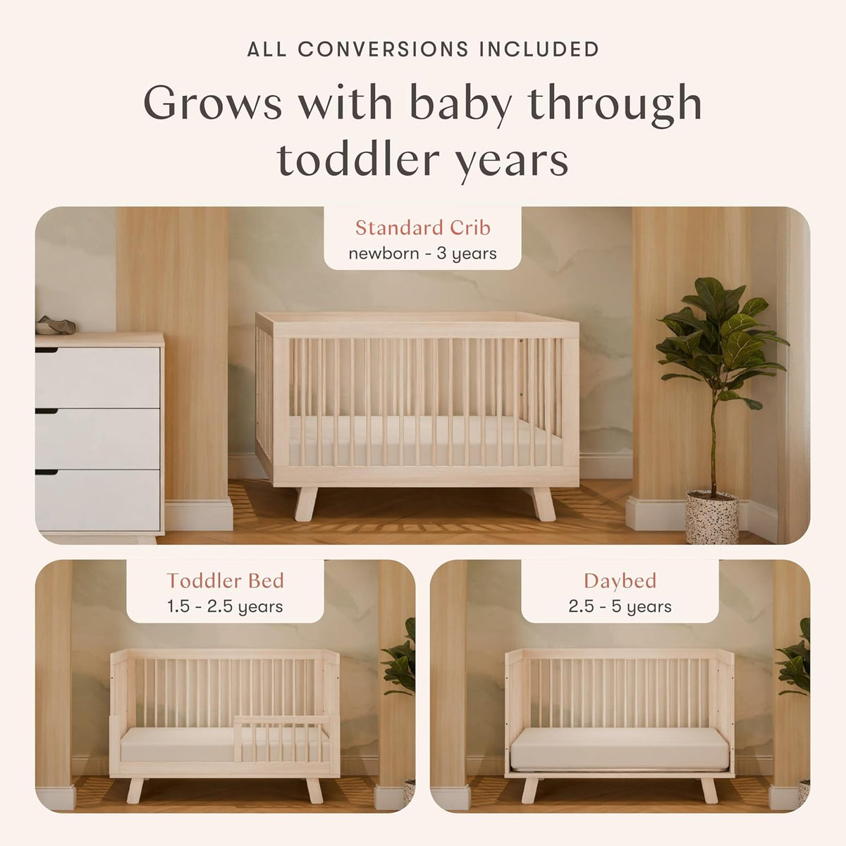 Three-panel graphic illustrating the crib used as a standard crib, toddler bed, and daybed.