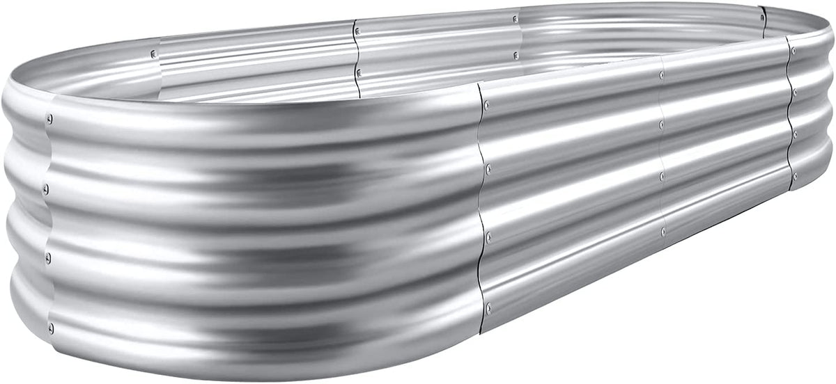 Close angled view of a silver galvanized oval planter showing corrugated wave panels and riveted joints