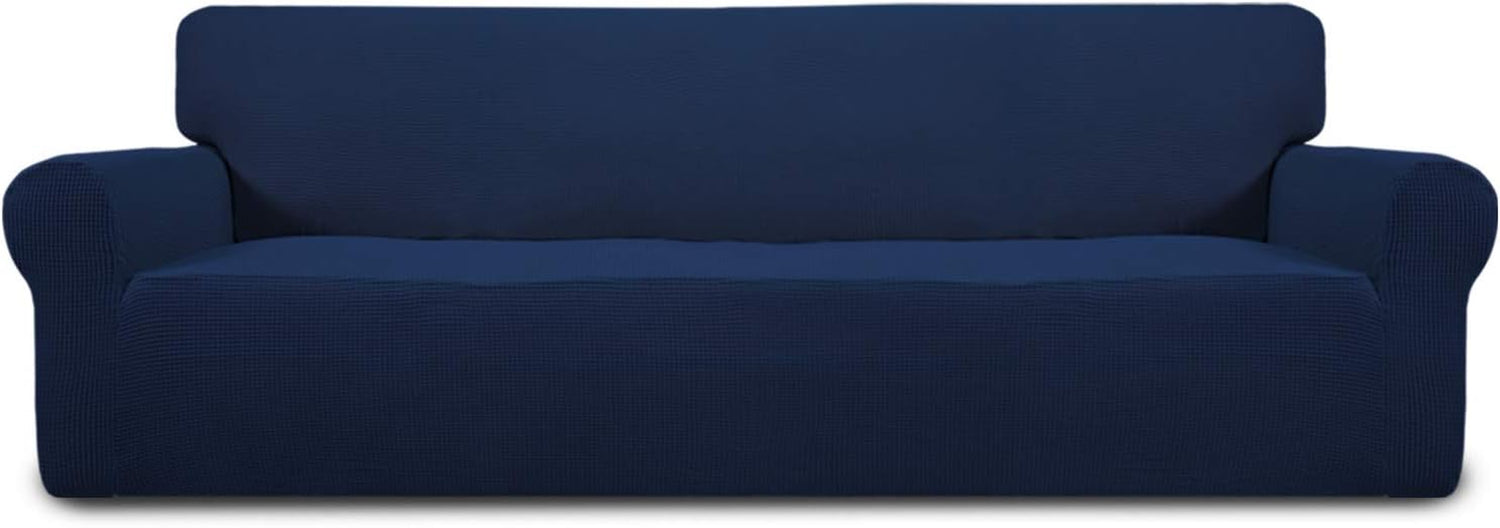 Low front-facing view of a deep navy loveseat showing the straight seat edge and fitted skirt.