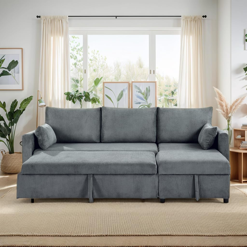 Front view of grey corduroy 3-seat sectional with back cushions and armrest pillows in living room