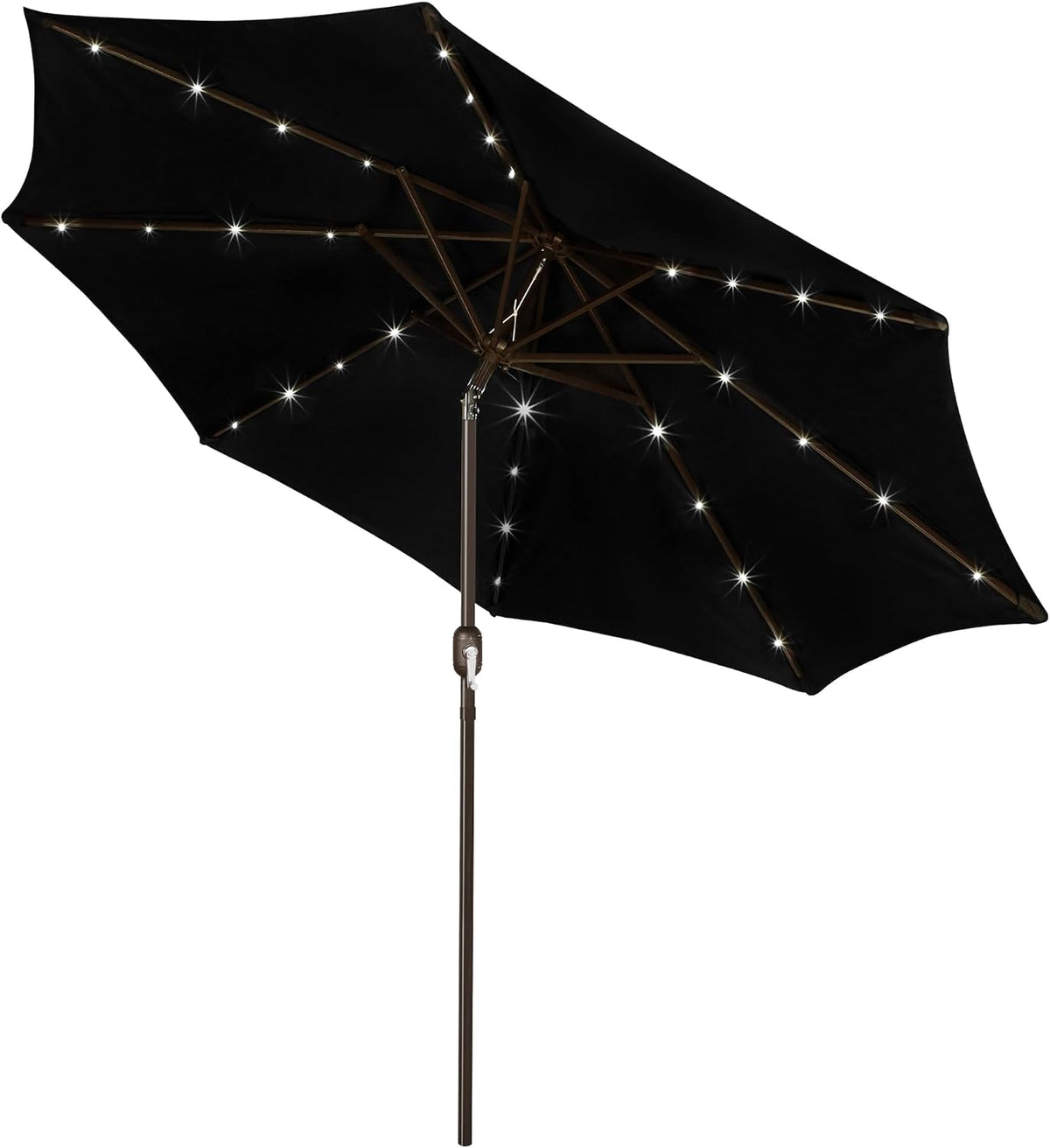 Black patio umbrella shown open from below with illuminated LED lights along the ribs and a brown pole.