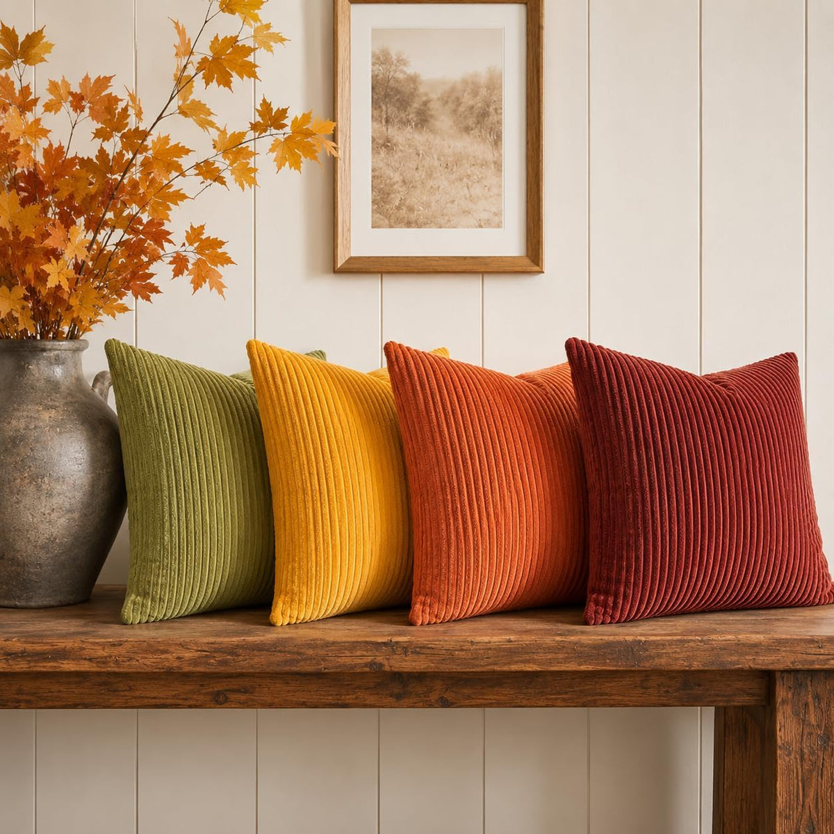 Row of corduroy pillow covers in green, yellow, orange, rust and burgundy lined up on a rustic wooden bench