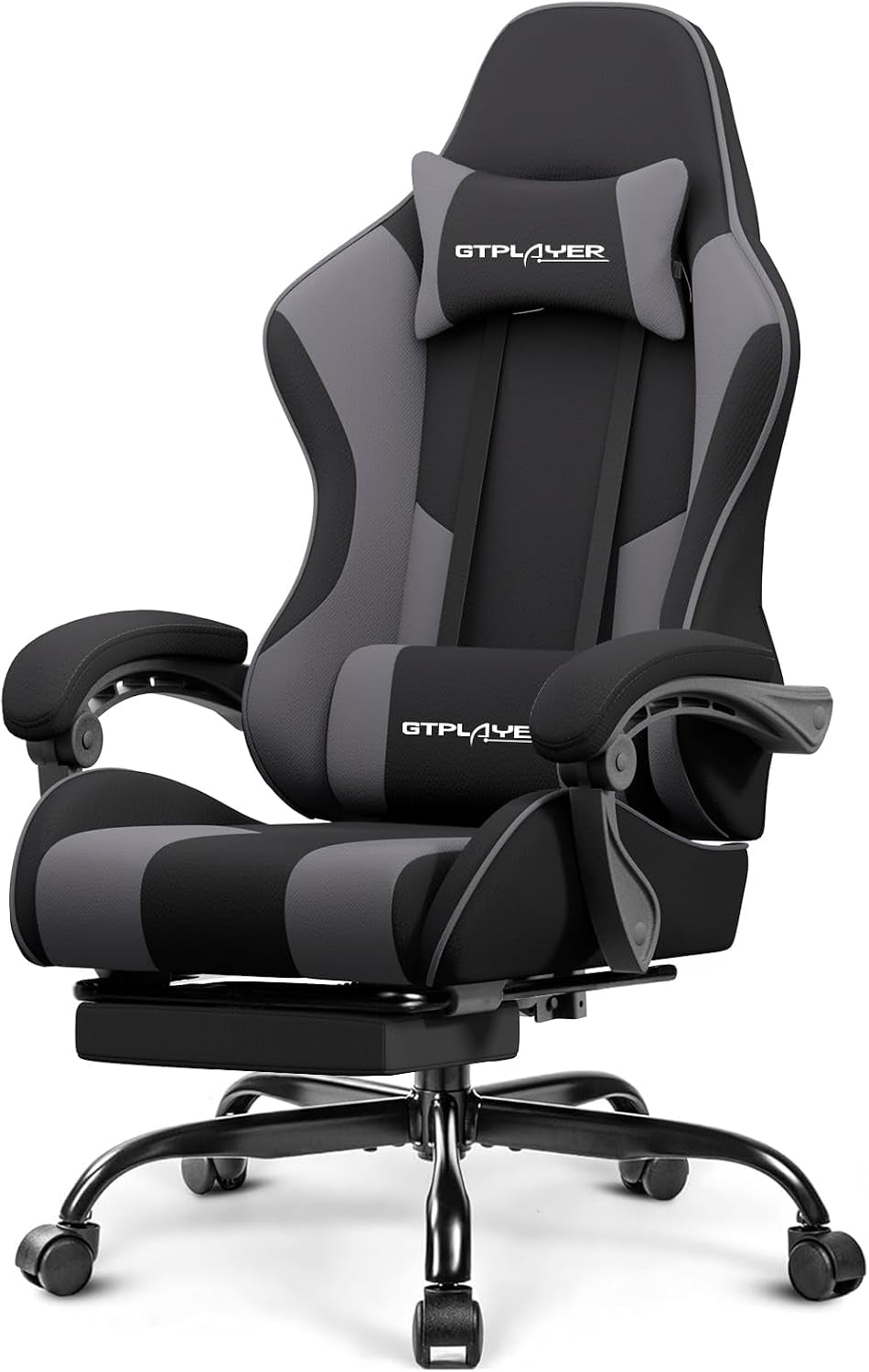 Gray-and-black gaming chair angled to show contoured bucket seat, curved padded armrests and visible base