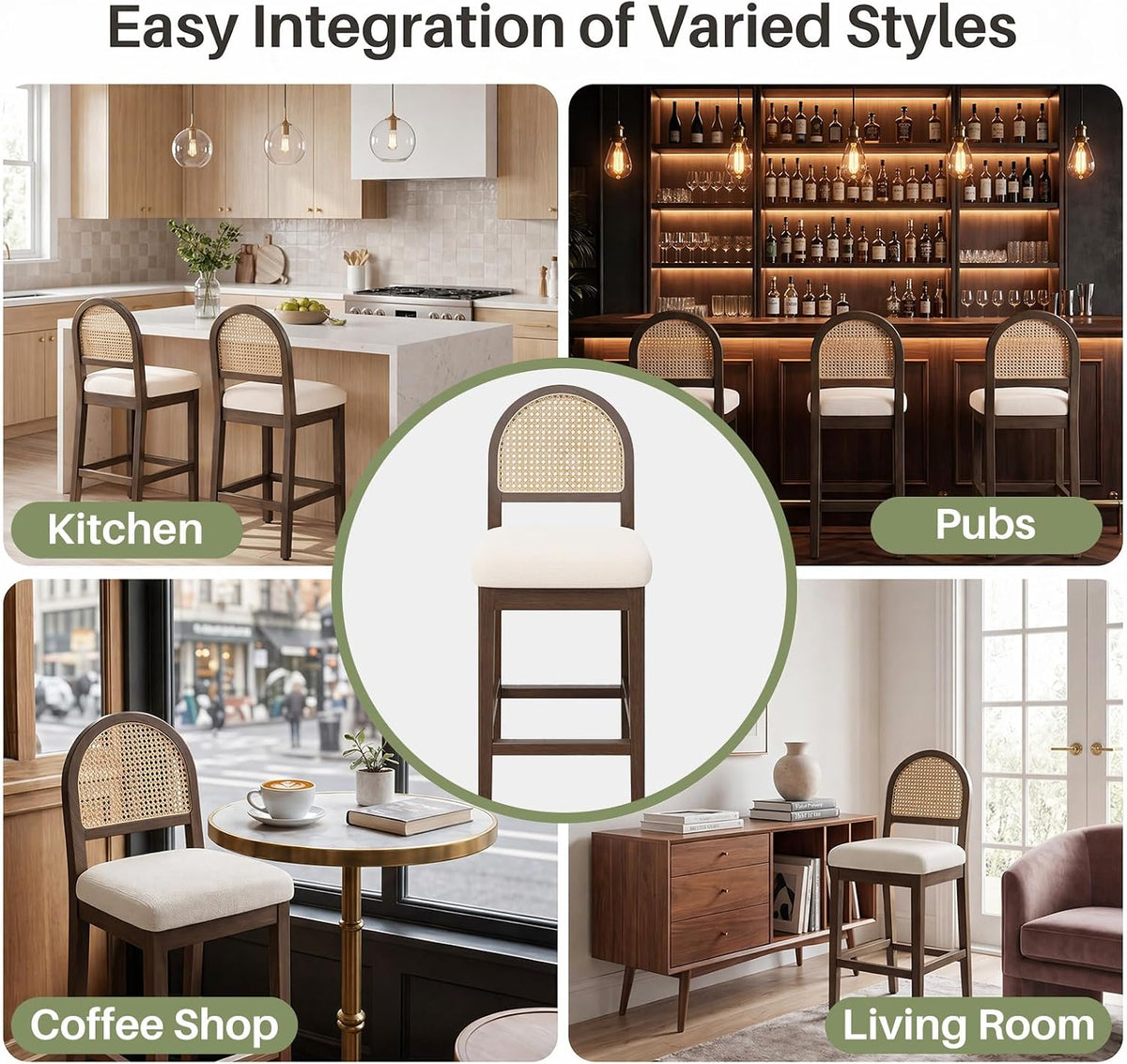 Lifestyle collage showing the counter stool used in kitchen, pub, coffee shop, and living room settings