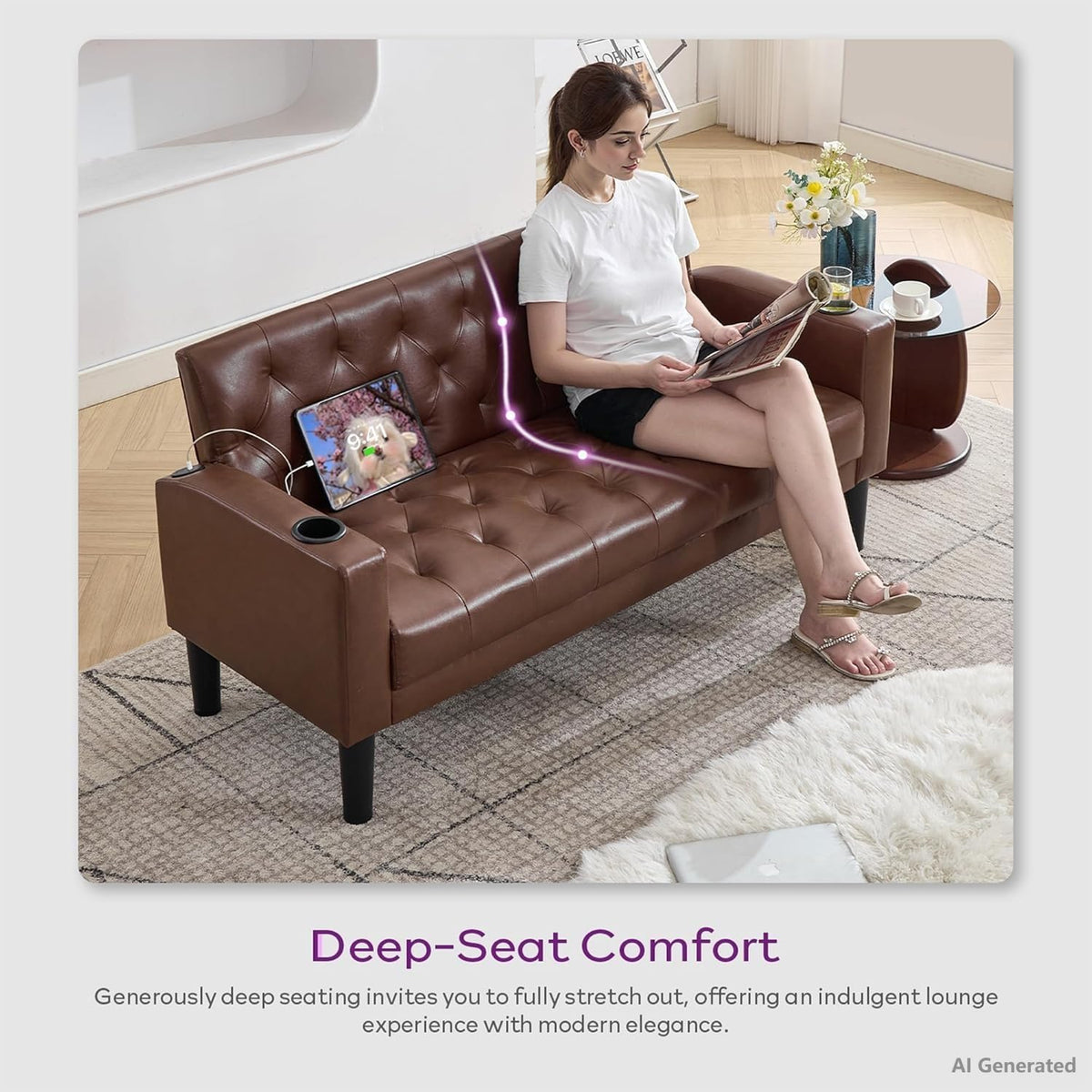 Angled living room view of a brown loveseat with a woman reading, tablet charging in the seat and side table nearby.