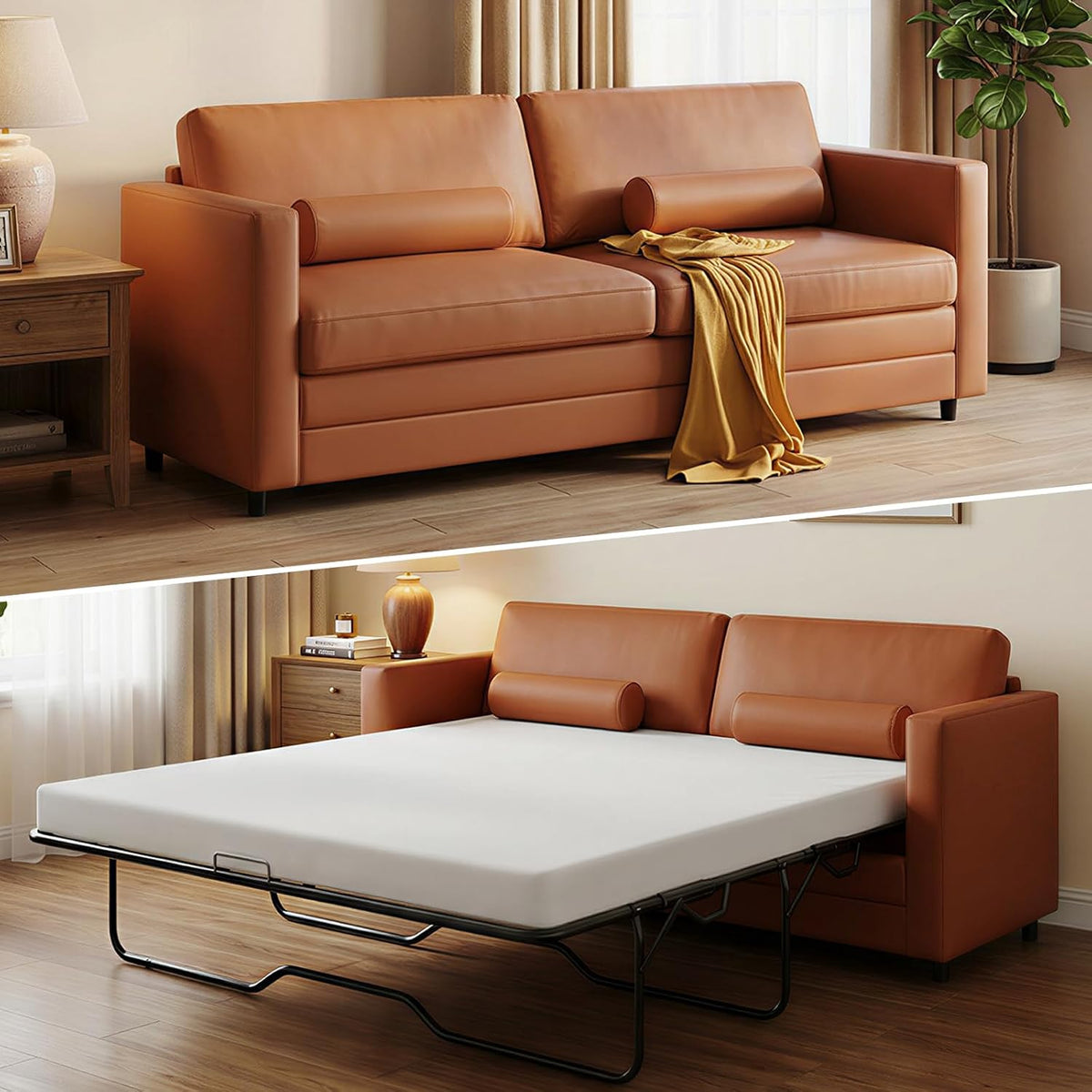Top: cognac leather sofa in a living room; bottom: the sofa converted to a pull-out bed with mattress.