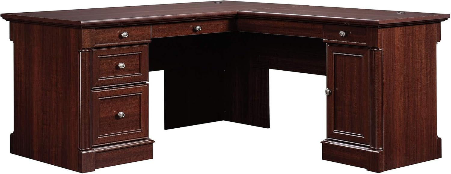 Dark cherry L-shaped desk front-left angle on white background showing drawers and cabinet