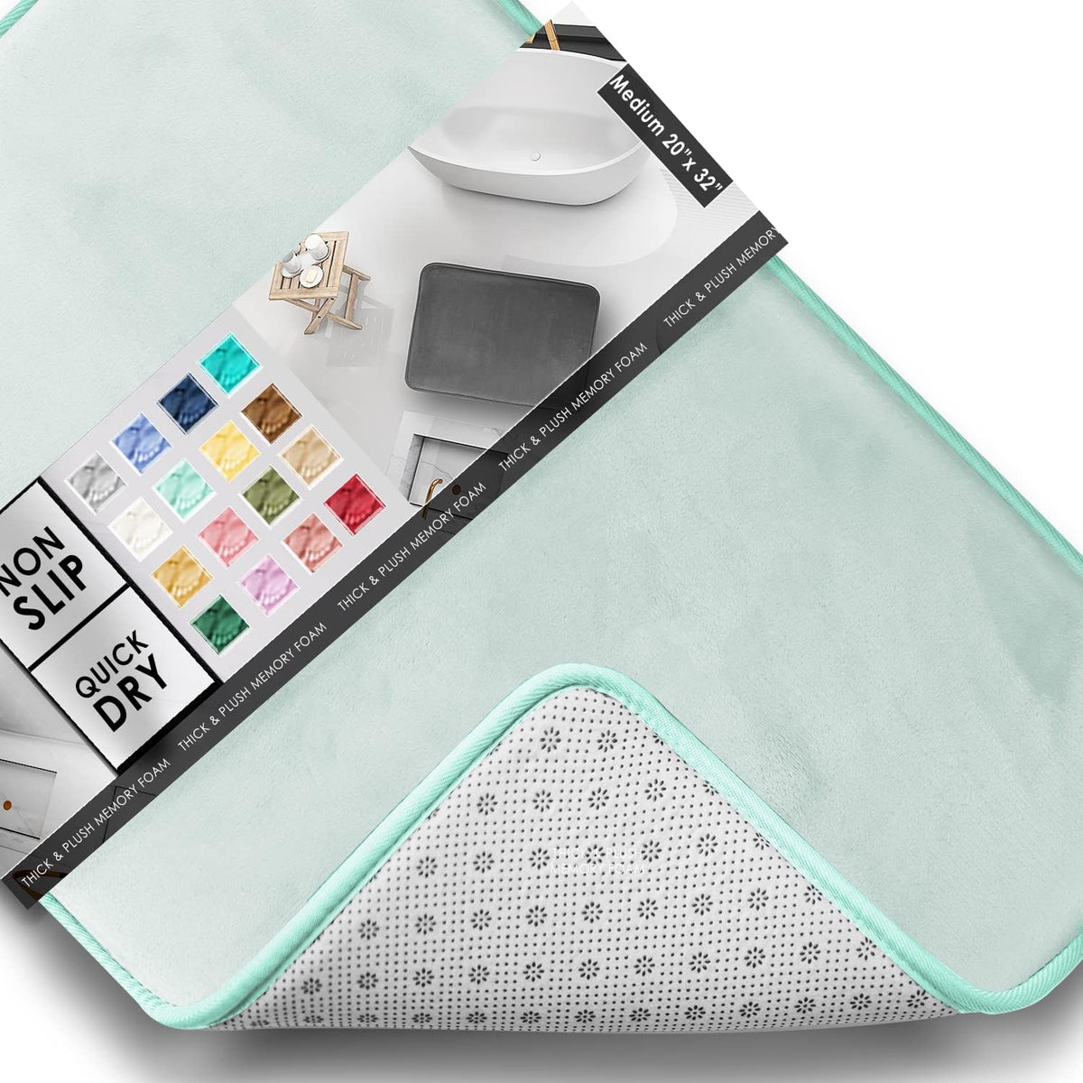 Diagonal crop of a mint-green rectangular mat with corner turned up to reveal the patterned non-slip underside and edge