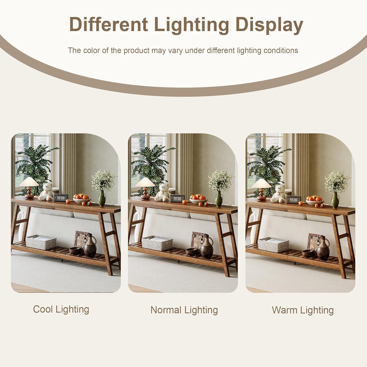 Three small side-by-side images showing the console table under cool, normal, and warm lighting conditions.