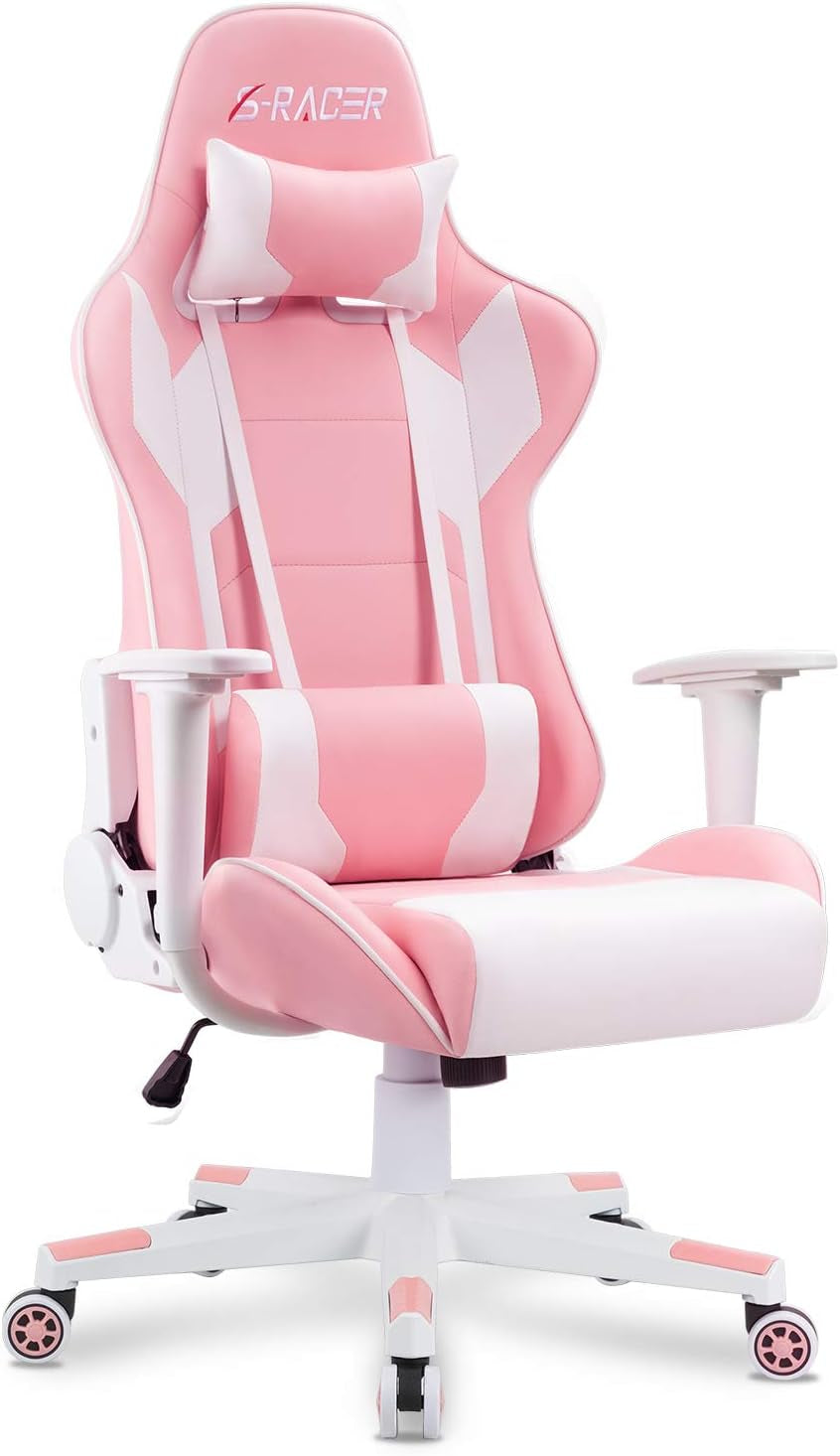 Pink and white racing-style office chair with matching head pillow and white base