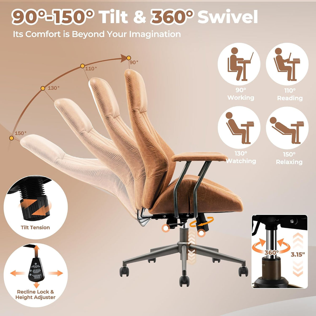 Graphic illustration of the chair reclining with 90°–150° tilt positions, tilt tension knob and height adjust lever