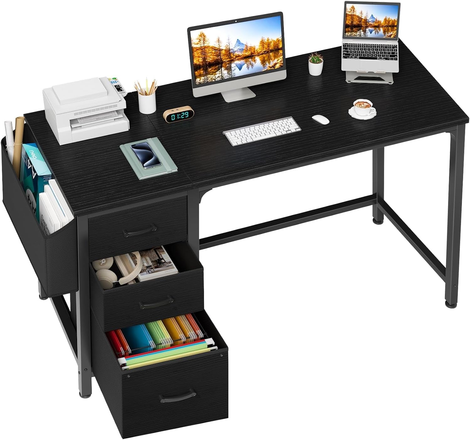 Full view of a black desk with three black fabric drawers on the left, one drawer open with hanging files.