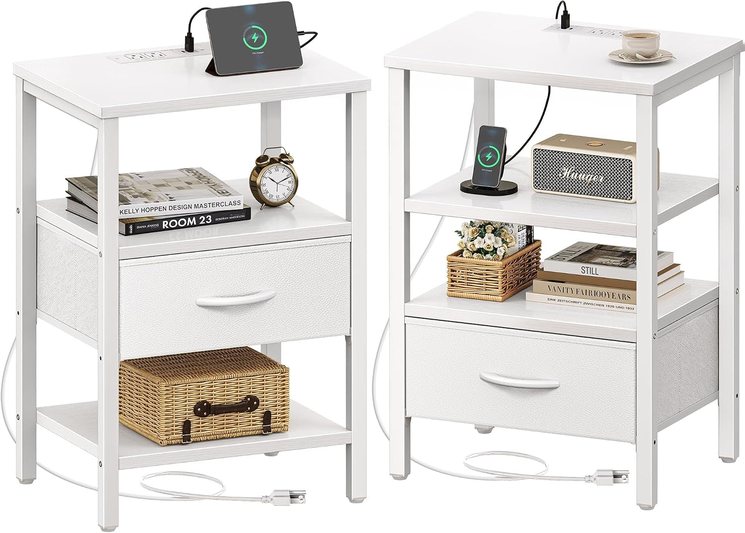 Two white nightstand variants side-by-side with wood-look top, fabric drawer, middle shelf and charging port.