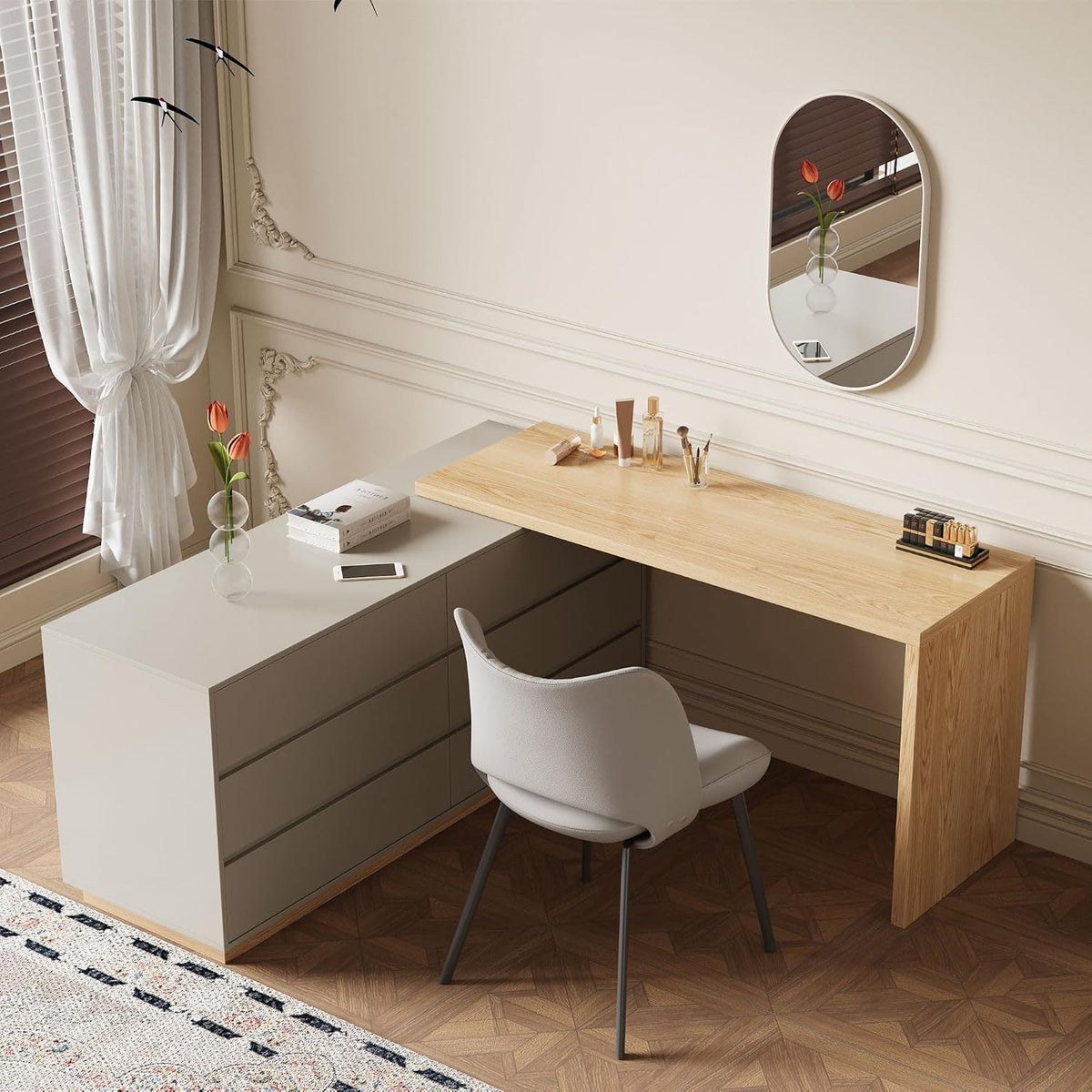Angled top-down view of the L-shaped combo showing dresser top decor, wood tabletop, and chair placement