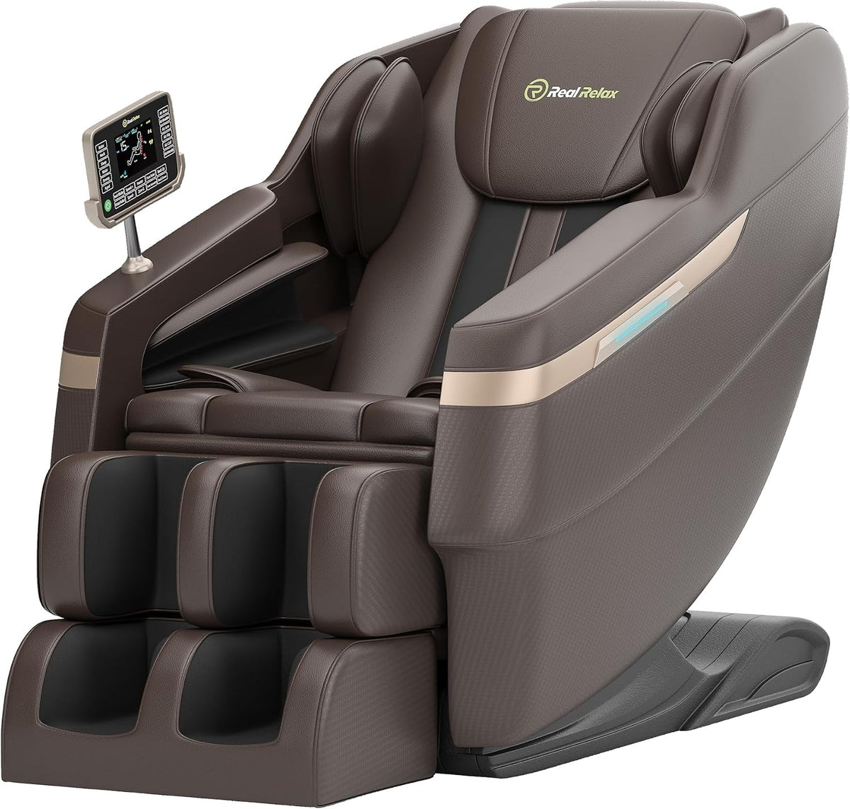 Three-quarter front view of a brown full-body massage chair with calf/foot compartments and an attached control panel.